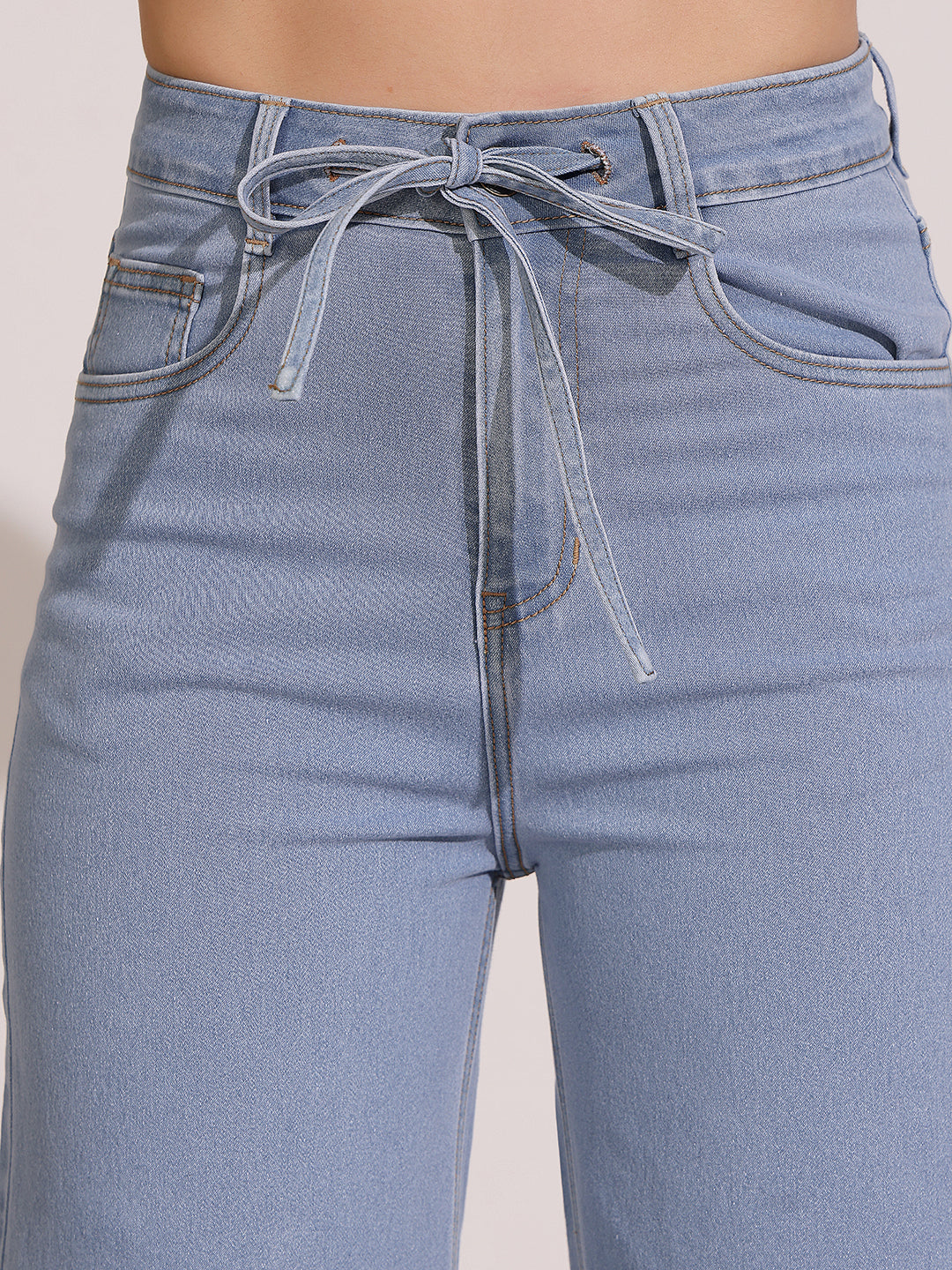 Women's Light Blue High-Rise Wide Leg Stretch Denim Jeans with Tie-Up Waist