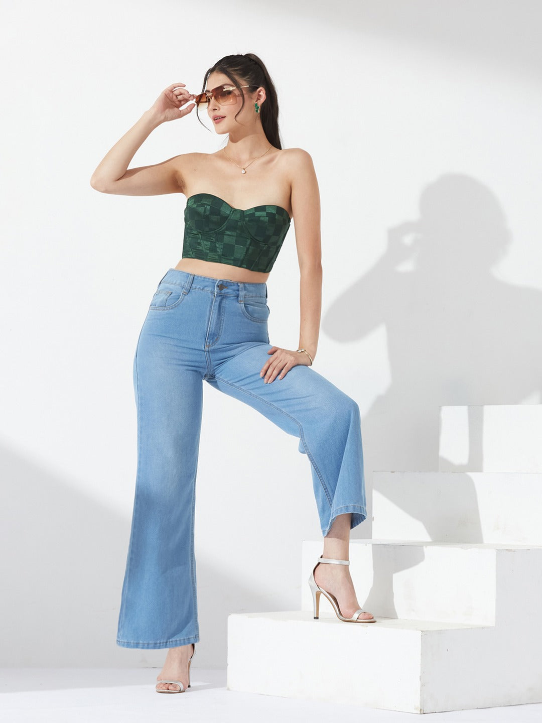 Light Blue Wide-Leg High-Rise Non-stretchable Denim Jeans for Women