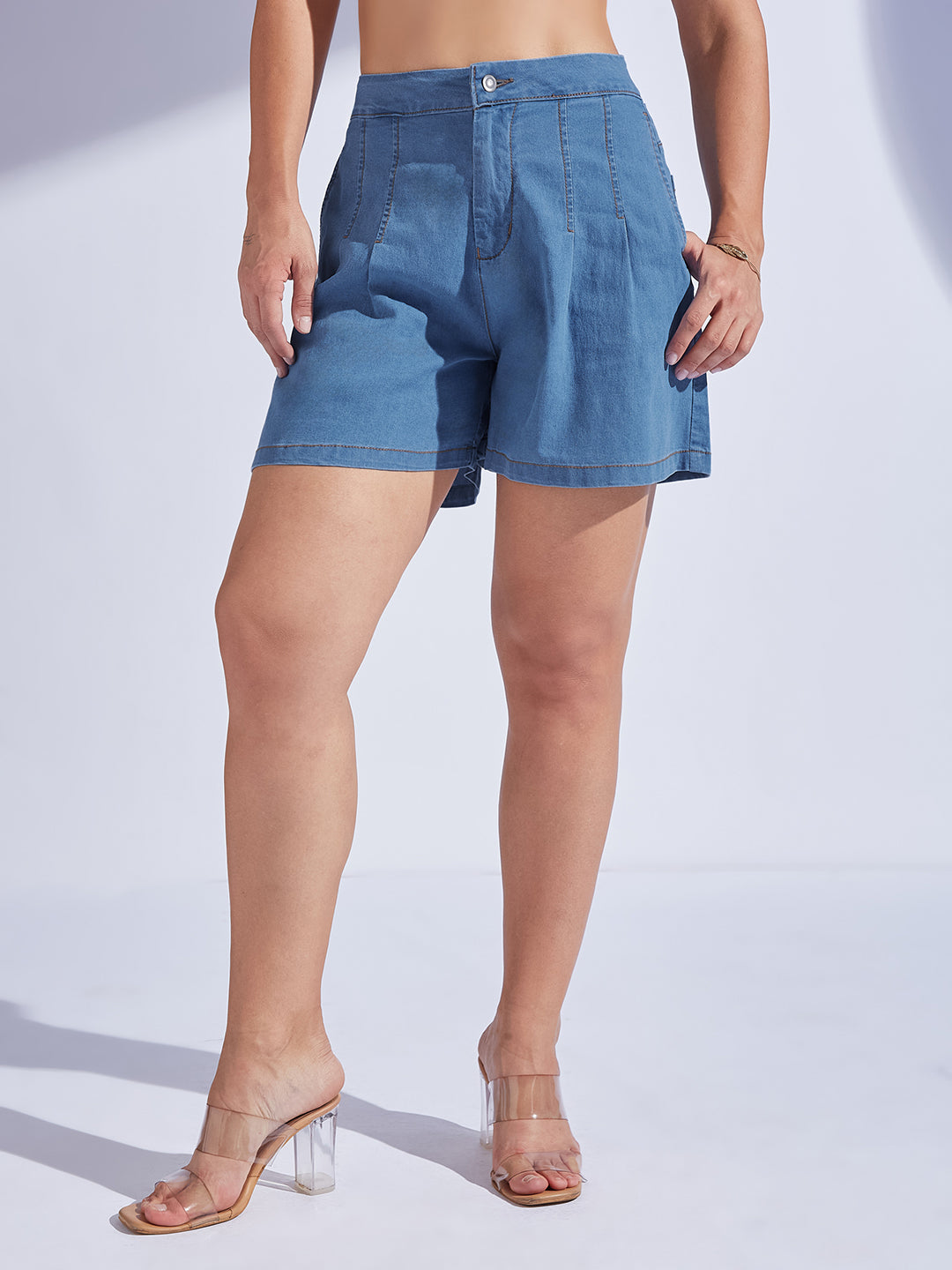 Women's Blue Flared High-Rise Clean-Look Regular-Length Stretchable Special Lightweight Denim Shorts