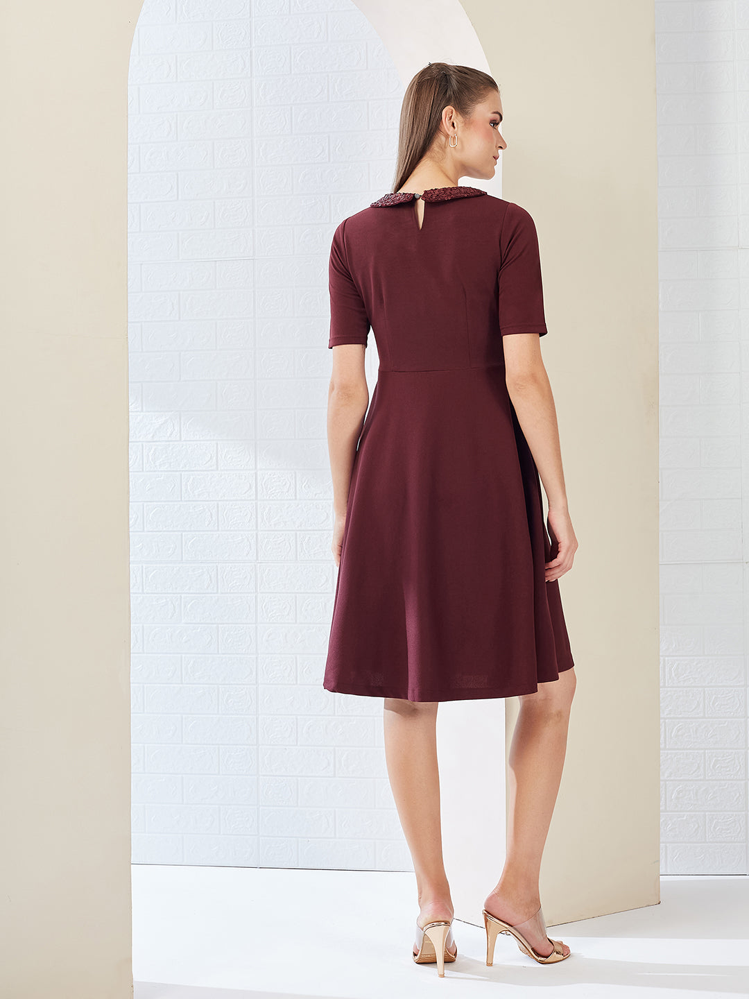 Wine Red Collared Round Neck Half Sleeve Solid Knee-Long Skater Dress for Women