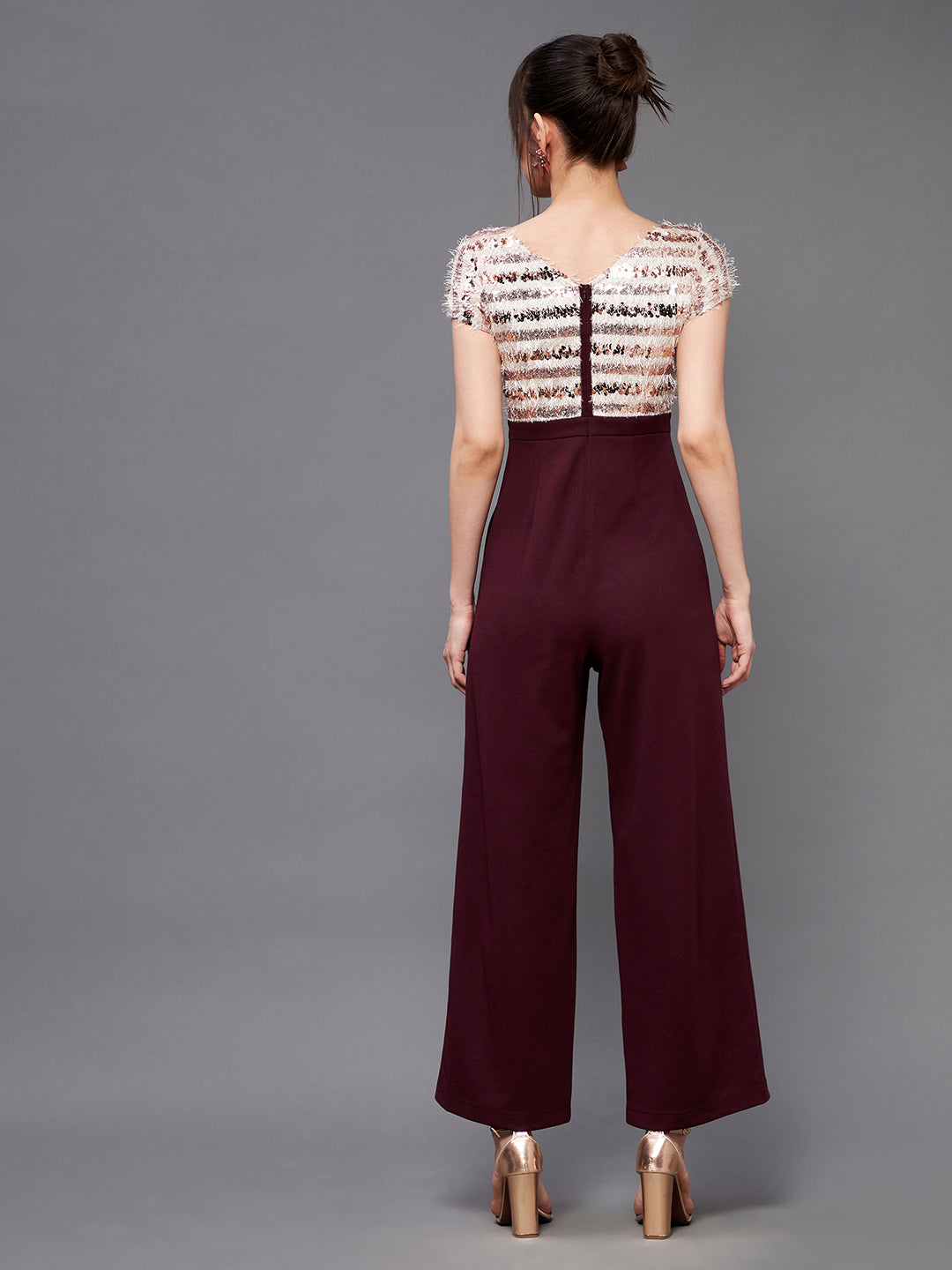 Crease Ease Cocktail Women's Wine & Beige Round Neck Short Sleeve Sequins Slit Jumpsuit