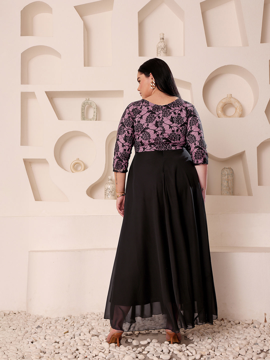Body Bliss Black And Lavender Sweet heart neck Three-Quarters Sleeve Self-Design Fit & Flare Maxi Dress