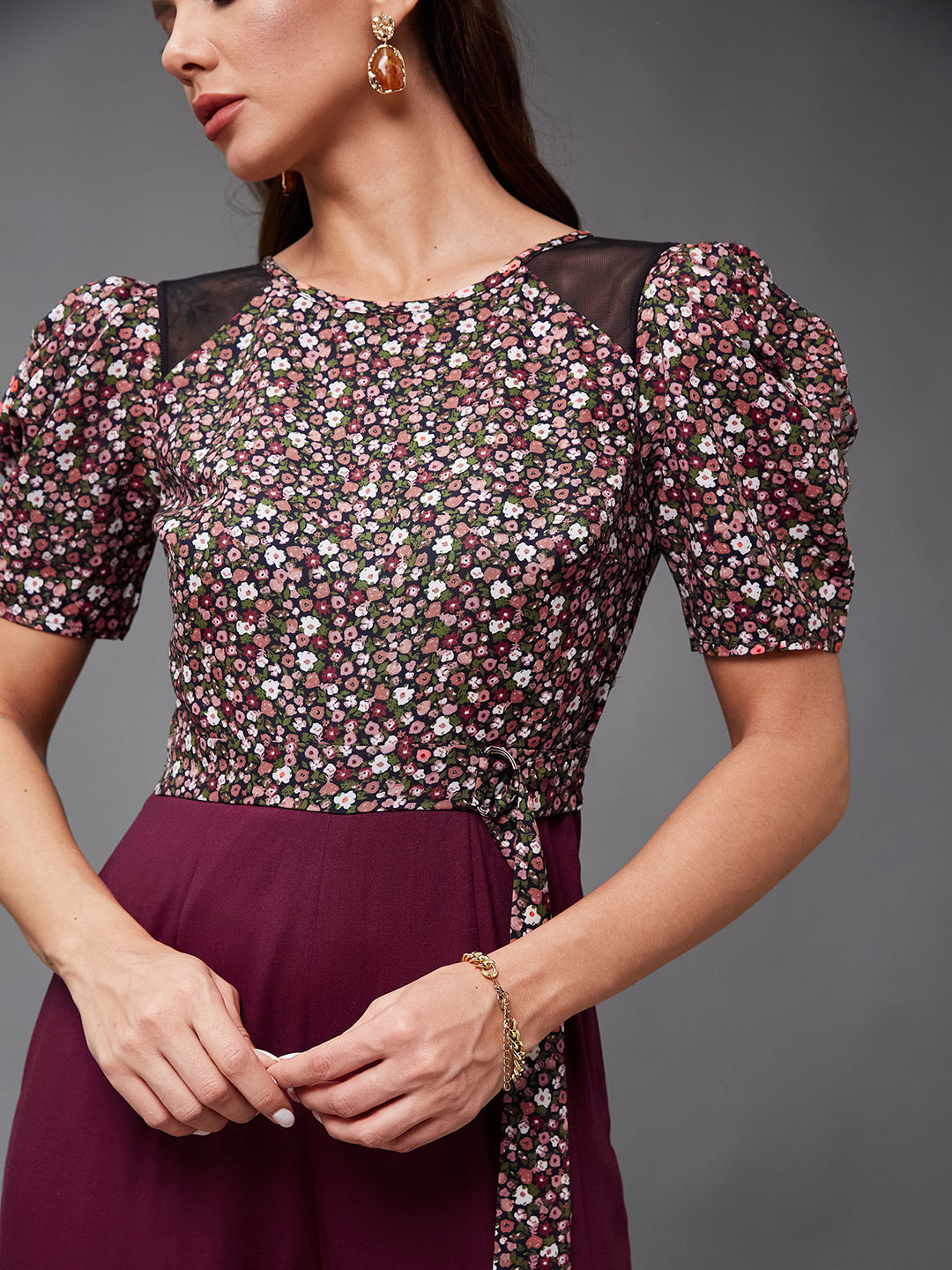 Women's Multicolored-Base-Wine Round Neck Cowl Sleeve Floral Wide-leg Viscose-Rayon Regular Length Jumpsuit