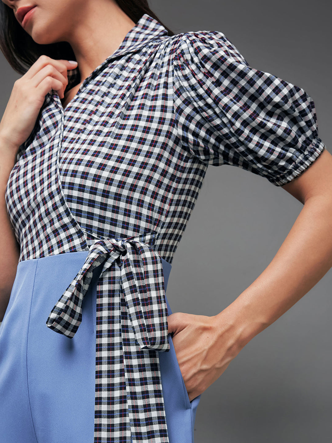 Women's Multicolored-Base-Powder Blue Notched Collared Puff Sleeve Checkered Wrap Regular Crepe Jumpsuit