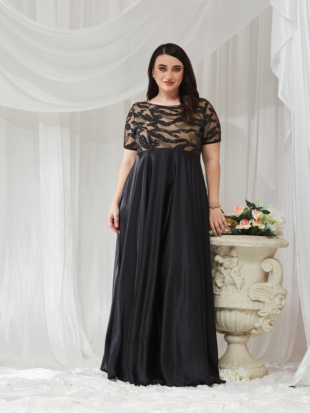 Black Boat-Neck Short-Sleeve Abstract Fit & Flare Satin Maxi Dress for Women — Miss Chase A+
