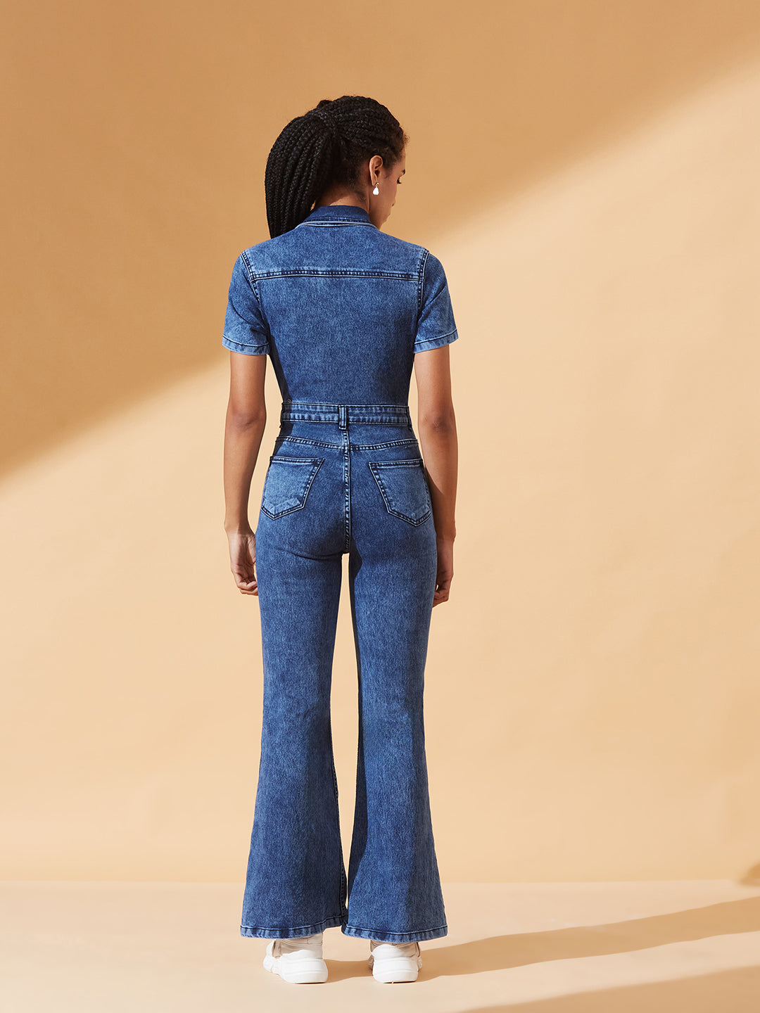 Navy-Blue Flared High-Rise Regular Stretchable Denim Jumpsuit for Women