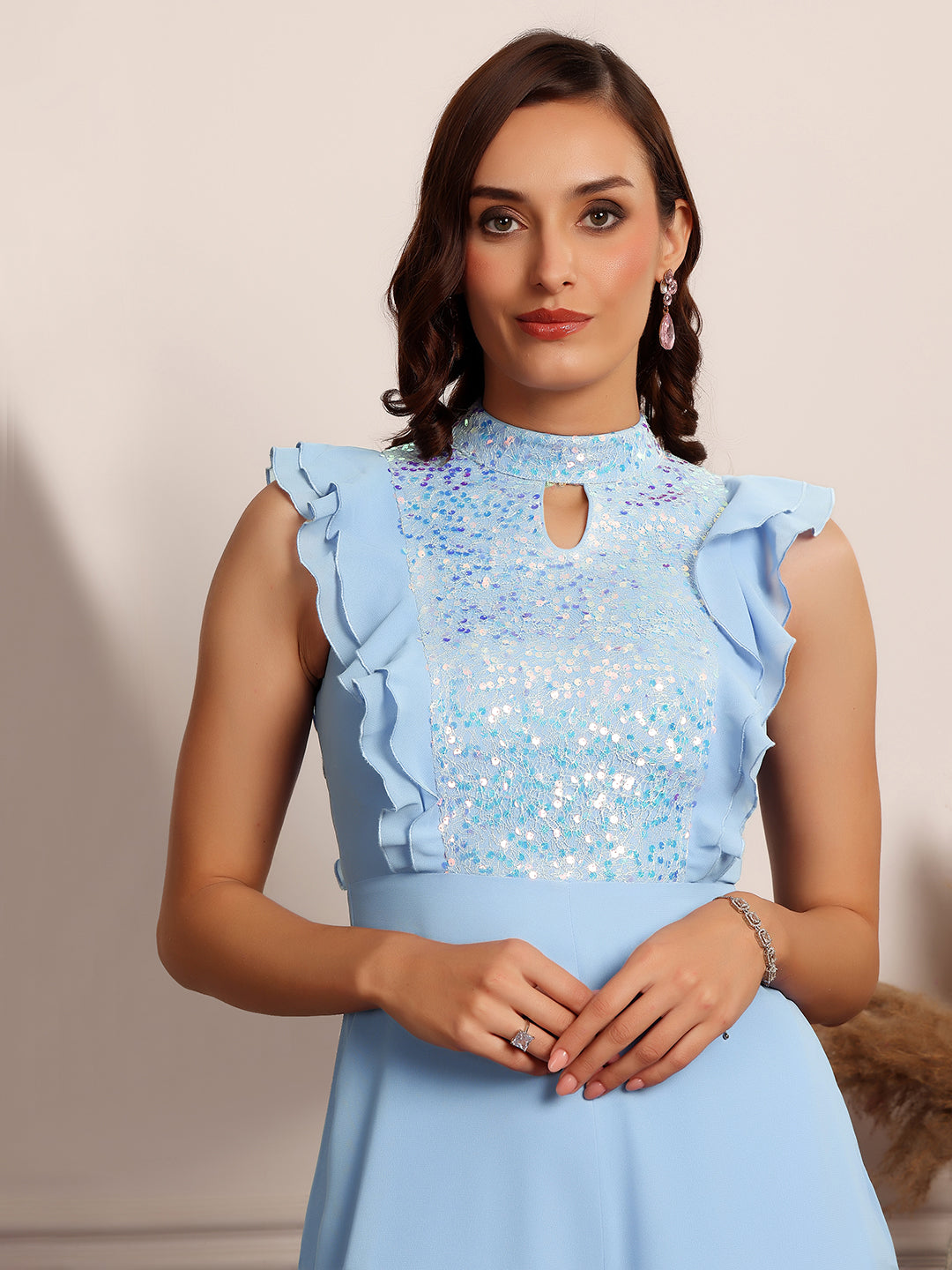 Women's Sky Blue Key-Hole Neck Sleeveless Embellished Ruffle Georgette Jumpsuit