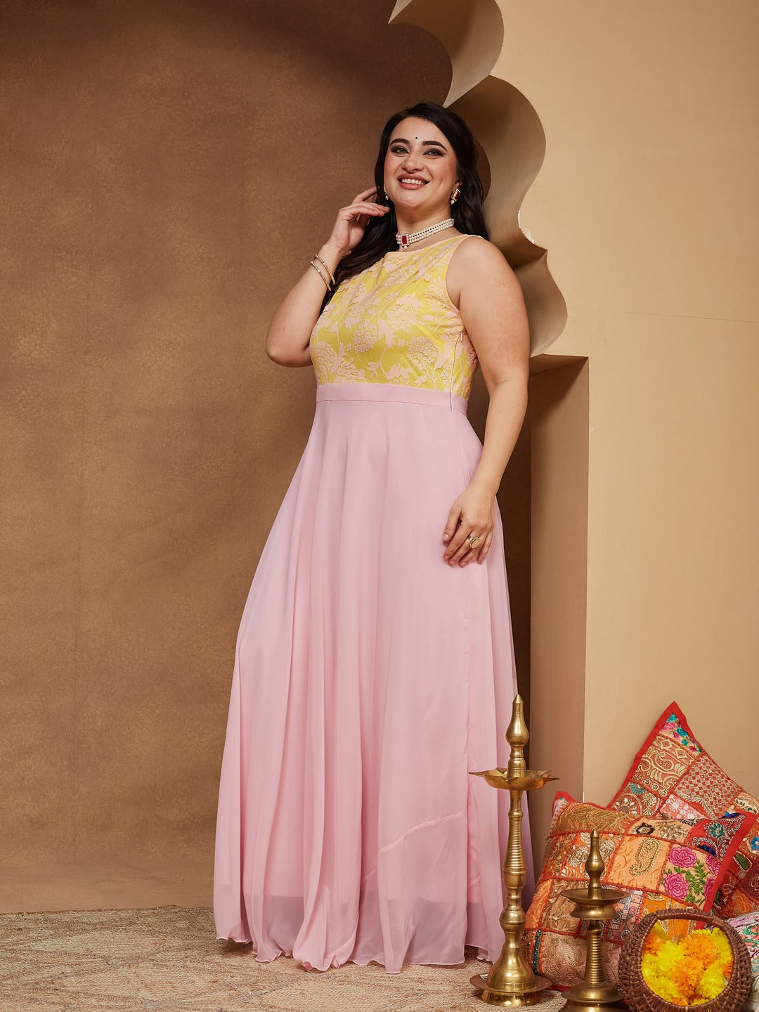 Dusty Pink Boat Neck Sleeveless Self Design Lace Overlaid Georgette Maxi Dress for Women — Miss Chase A+