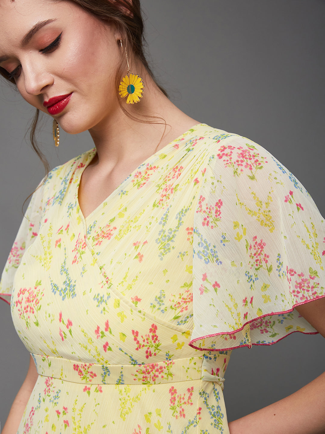 Yellow Floral Printed Flutter Sleeves Maxi Dress Long Dress Frock for Women