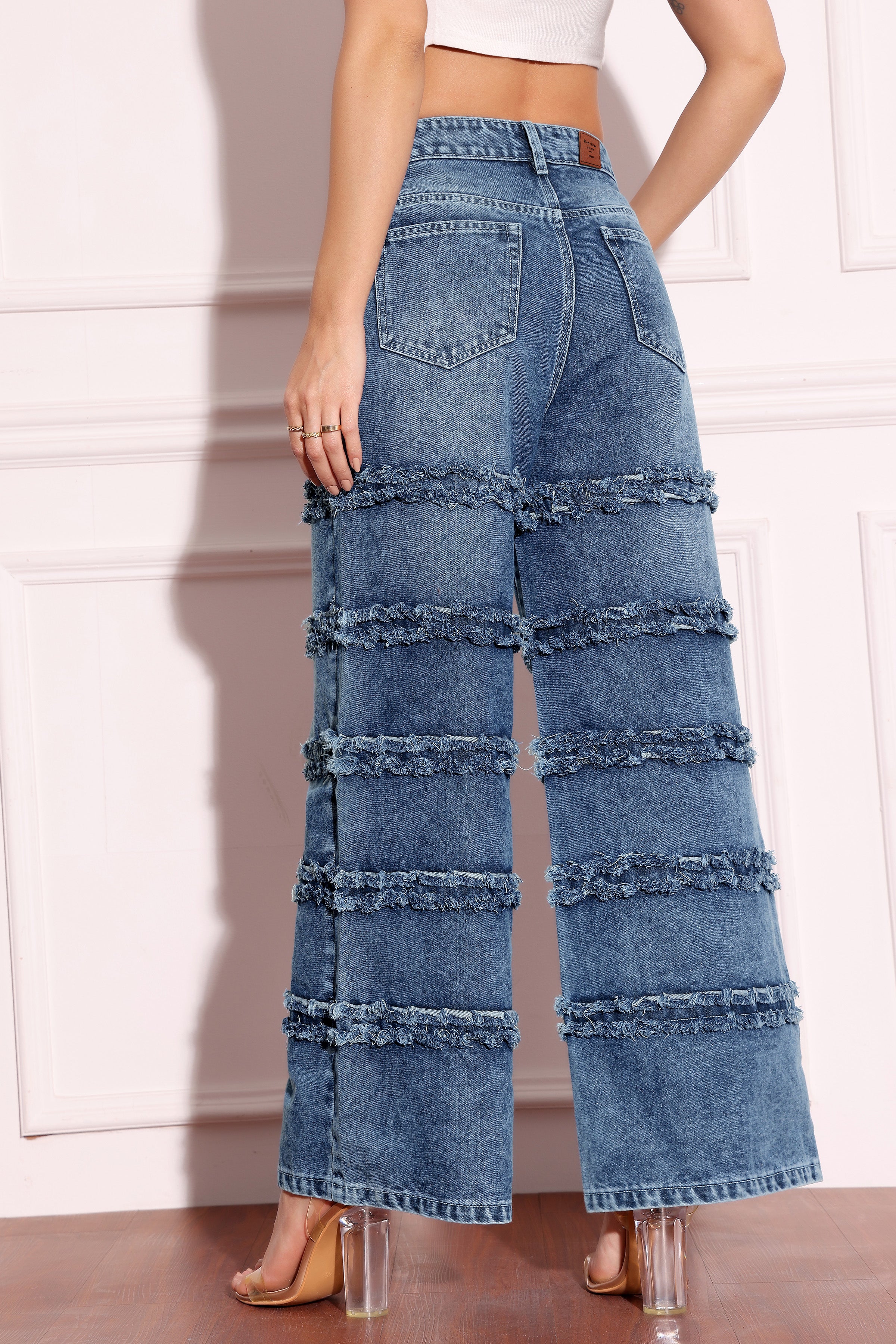 Women's Navy-Blue Wide-Leg High-Rise Highly-Distressed Regular-Length Denim Jeans