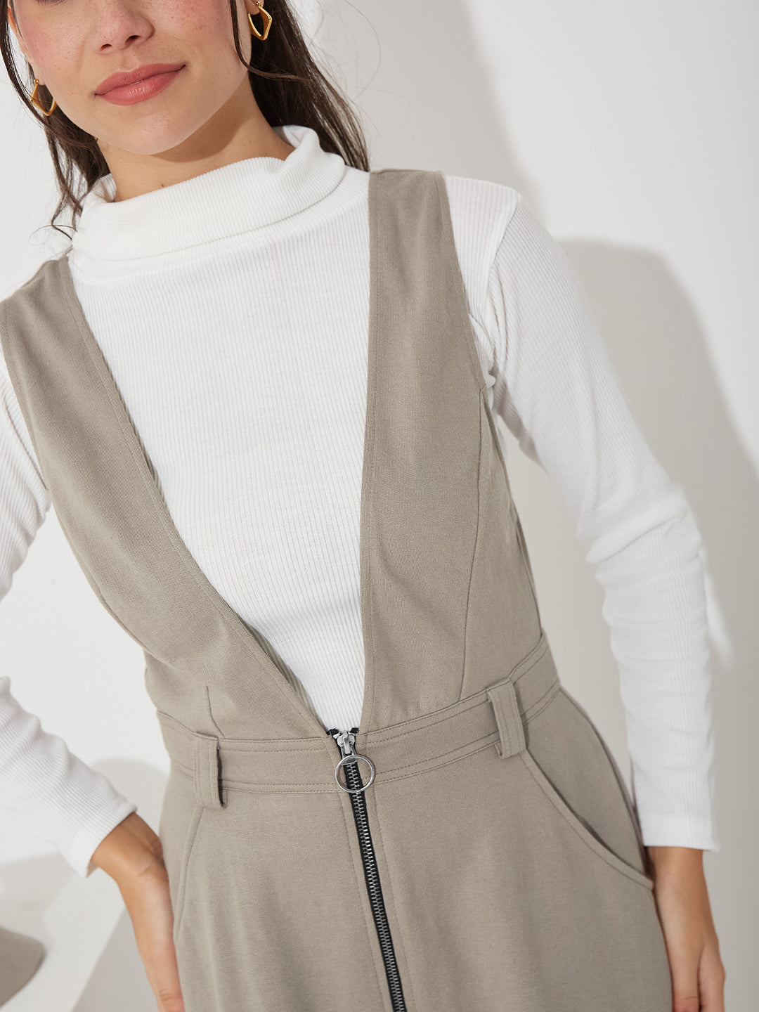 Grey Solid Polyester Pinafore Dress with Zipper Detail and Side Pockets for Women — Miss Chase