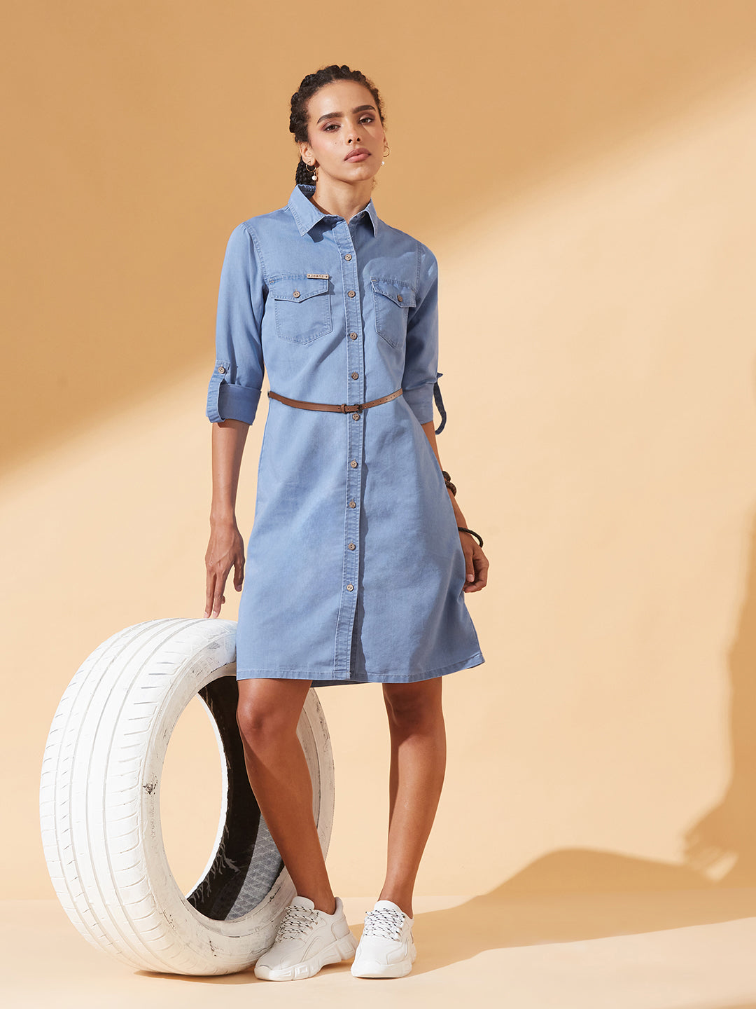 Blue Polo Neck Rolled Up Full Sleeve Denim Solid Buttoned A-Line Mini Dress for Women — Dolce Crudo