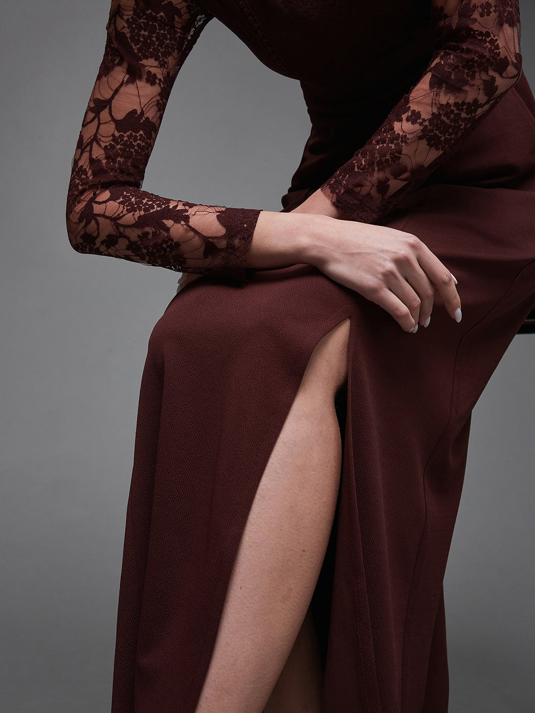 Wine Full Sleeves Lace Column Maxi Dress Long Dress Frock