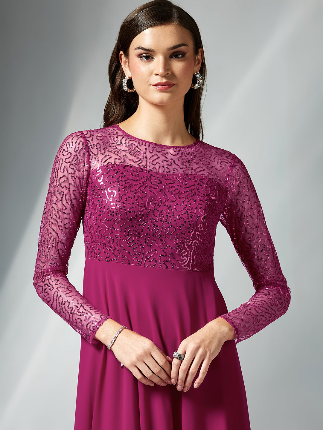 Ruby Pink Solid Embellished Maxi Dress for Women