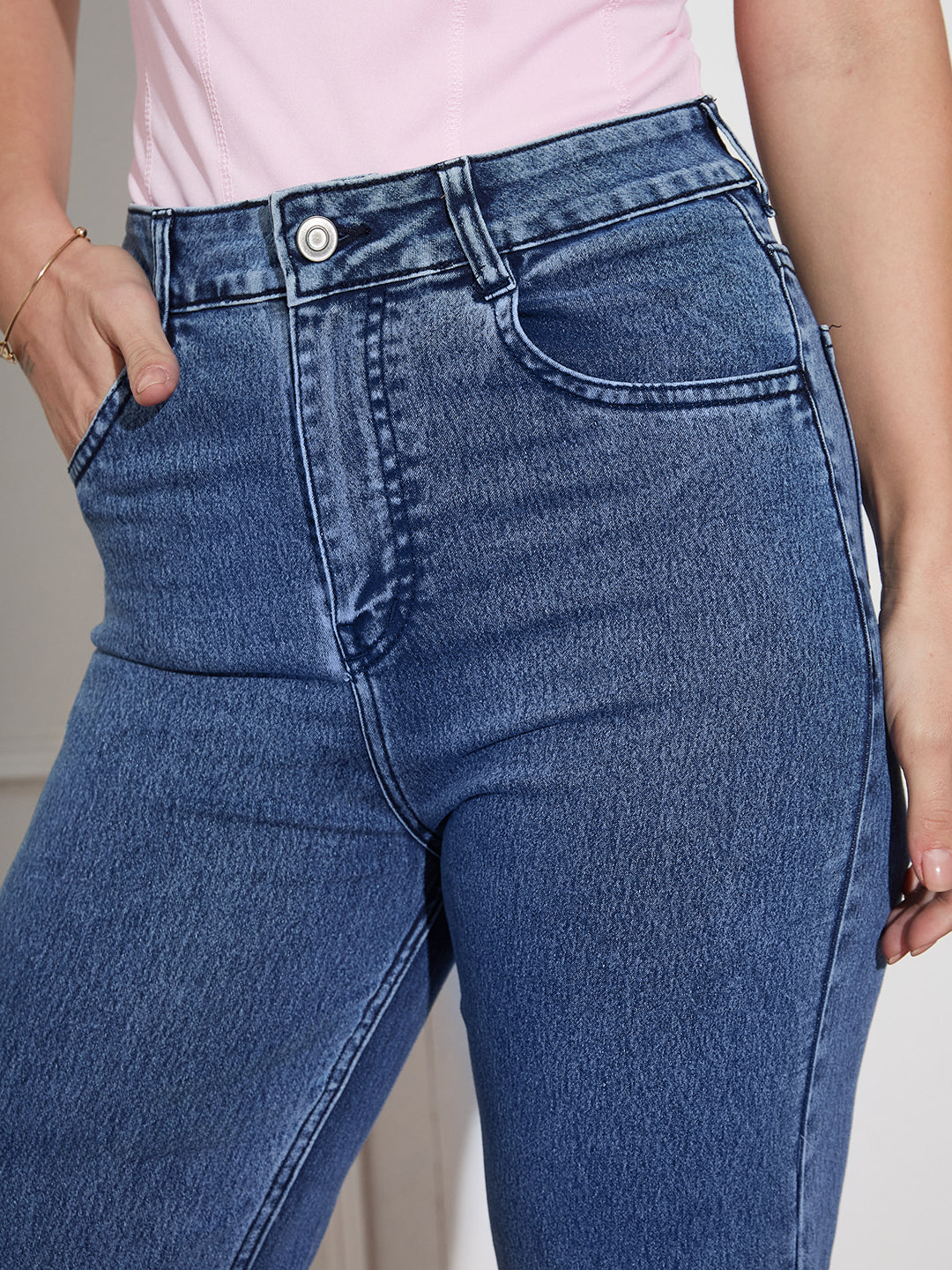 Women's Navy-Blue Wide-Leg High Rise Regular-Length Stretchable Denim Jeans
