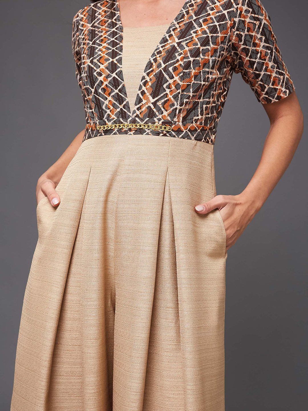 Women's Multicolored-Base-Beige Square Neck Half Sleeve Geometric Pleated Regular-Length Silk Jumpsuit