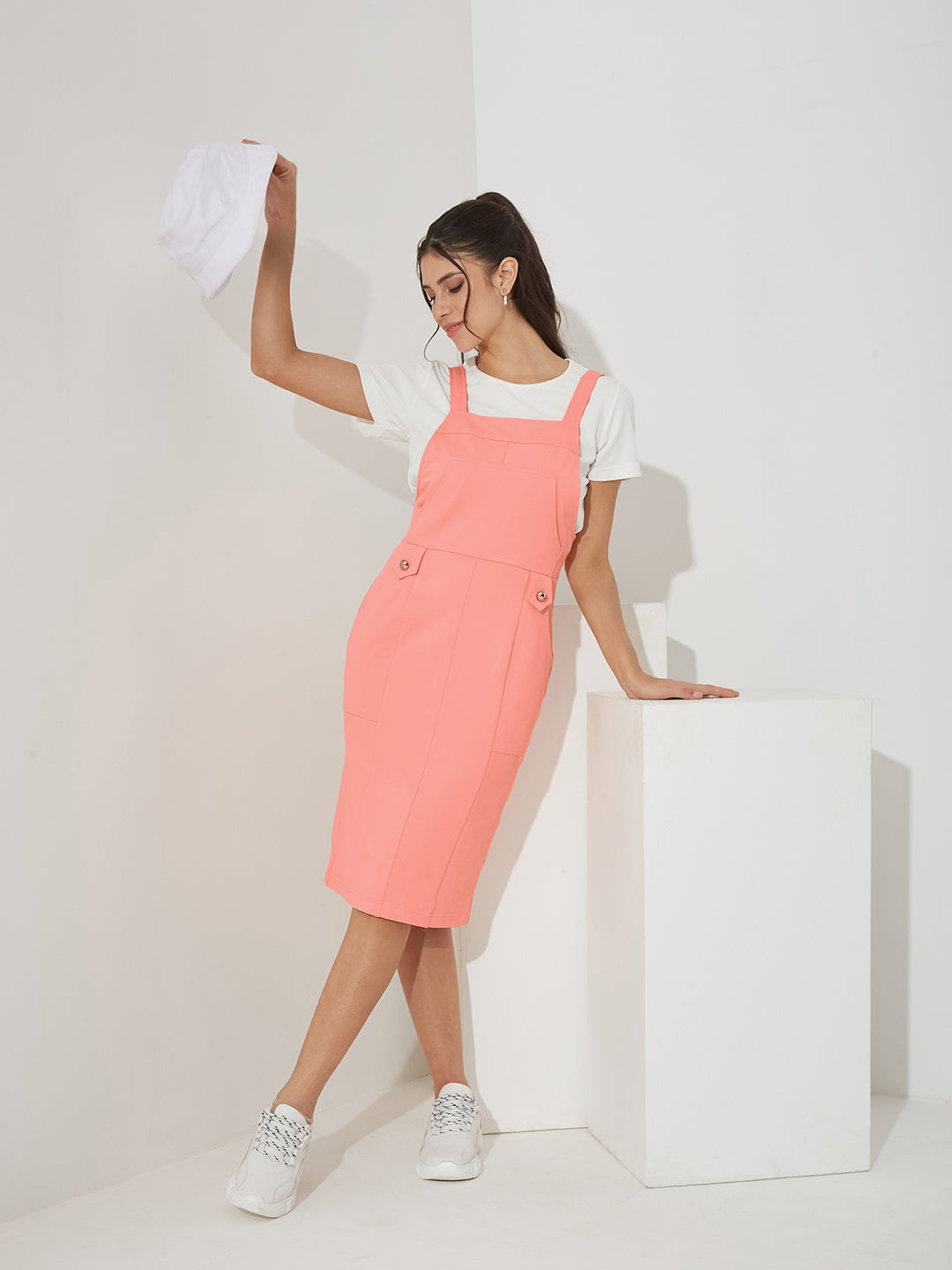 Peach and Off-White Solid Pinafore Midi Polyester Co-ord Set with Utility Pockets for Women