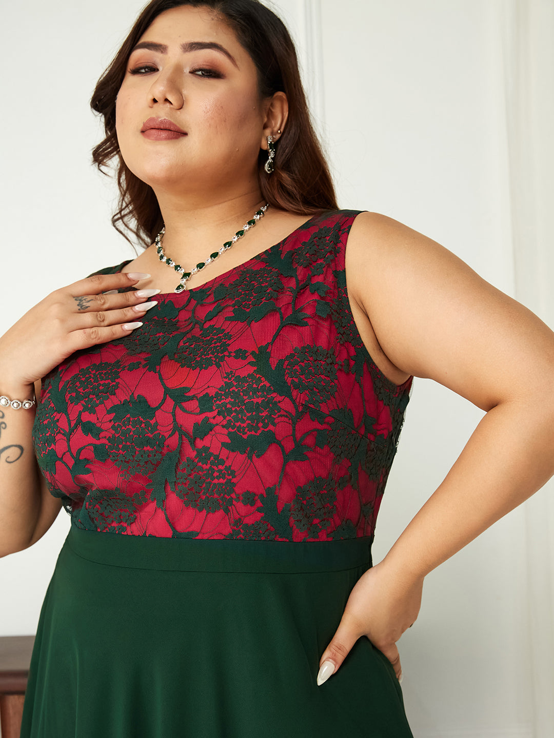 Body Bliss Dark Green Lace Fit & Flare Maxi Dress