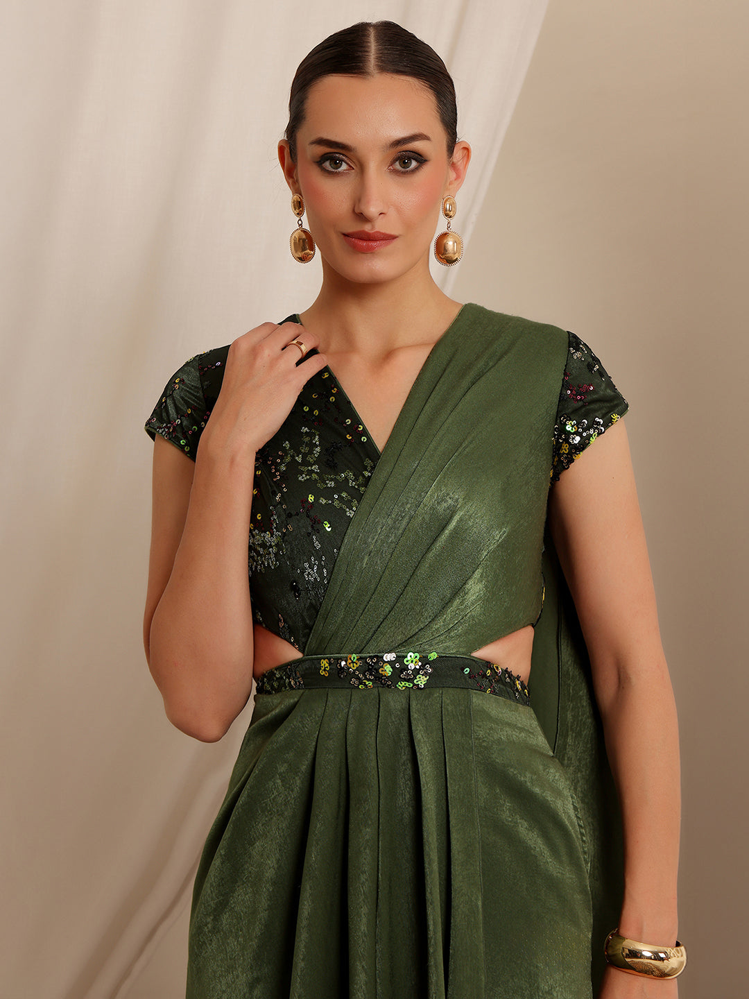 Women's Olive V-Neck Short-Sleeve Embellished Draped Maxi Velvet Dress