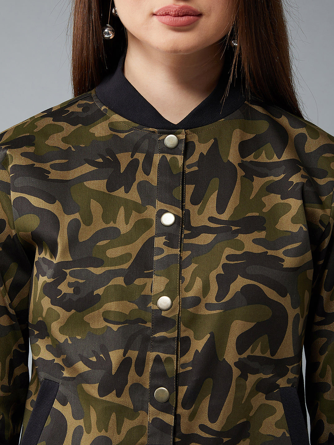 Women's Multicolor-Base Olive Green Stand Collar Full Sleeves Cotton Bomber Regular Length Jacket