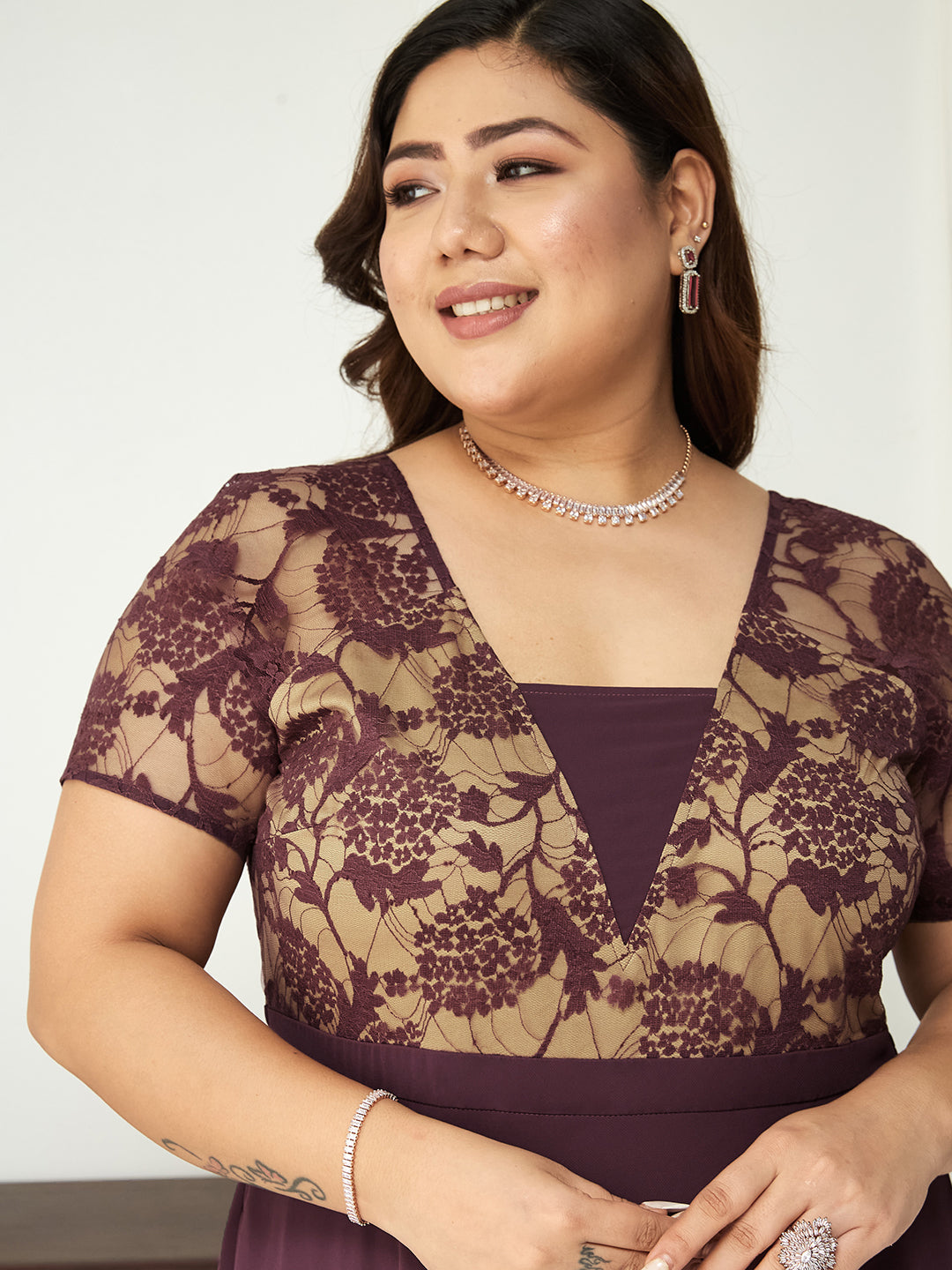 Mauve Short Sleeves Lace Fit and Flare Maxi Dress Long Dress Gown for Women | Mehendi to Sangeet Collection