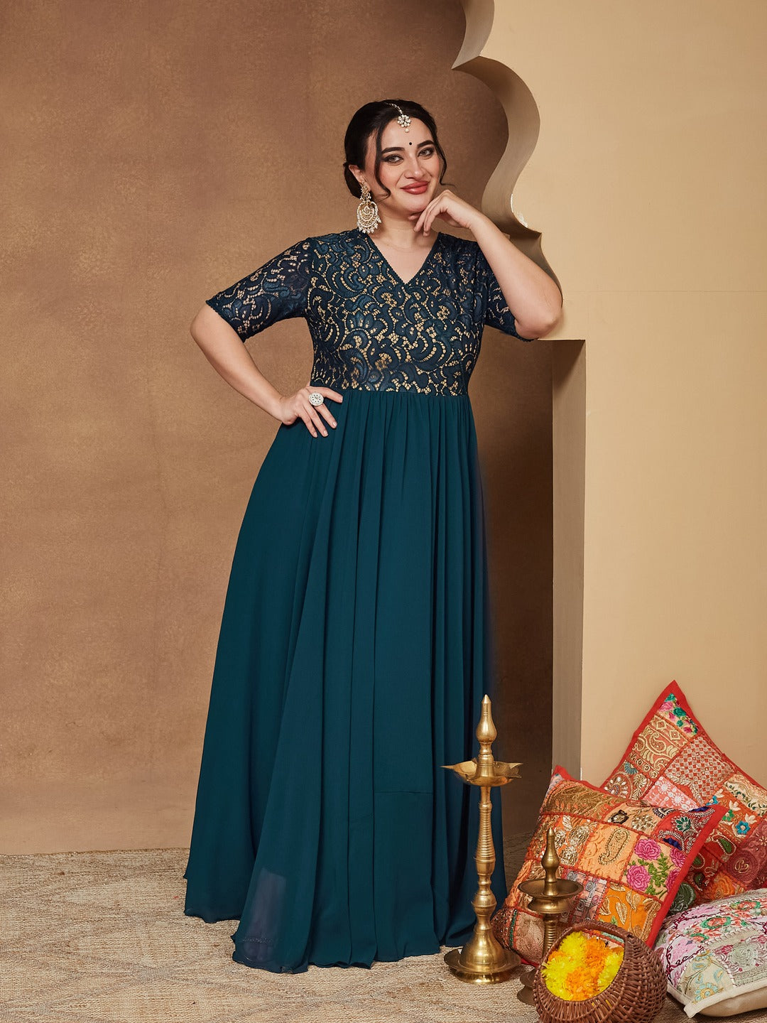 Teal V-Neck Half Sleeve Self Designed Wrap Georgette Maxi Dress for Women