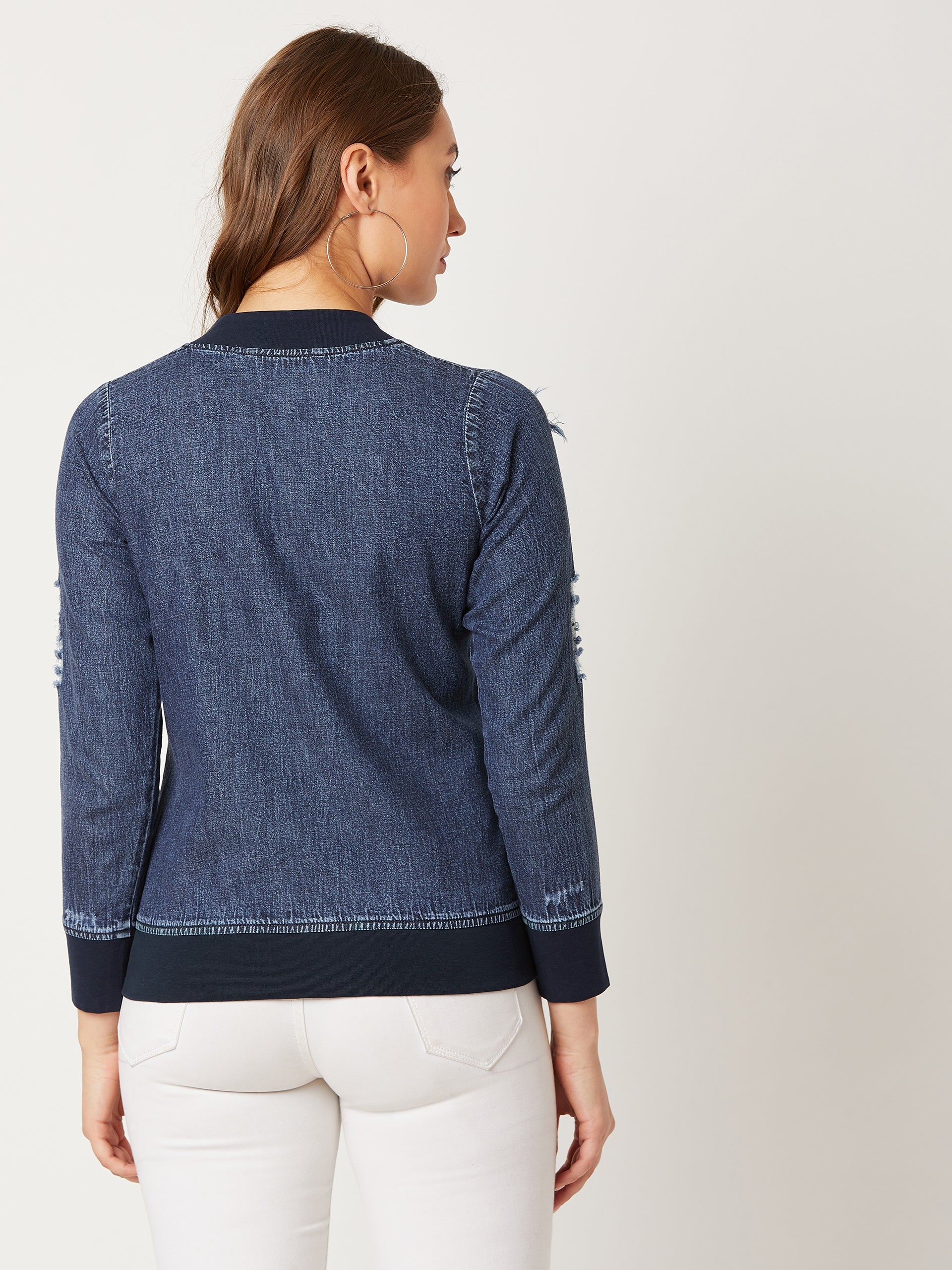 Women's Navy Blue V-Neck Full Sleeve Solid Ripped Bomber Regular Length Denim Jacket
