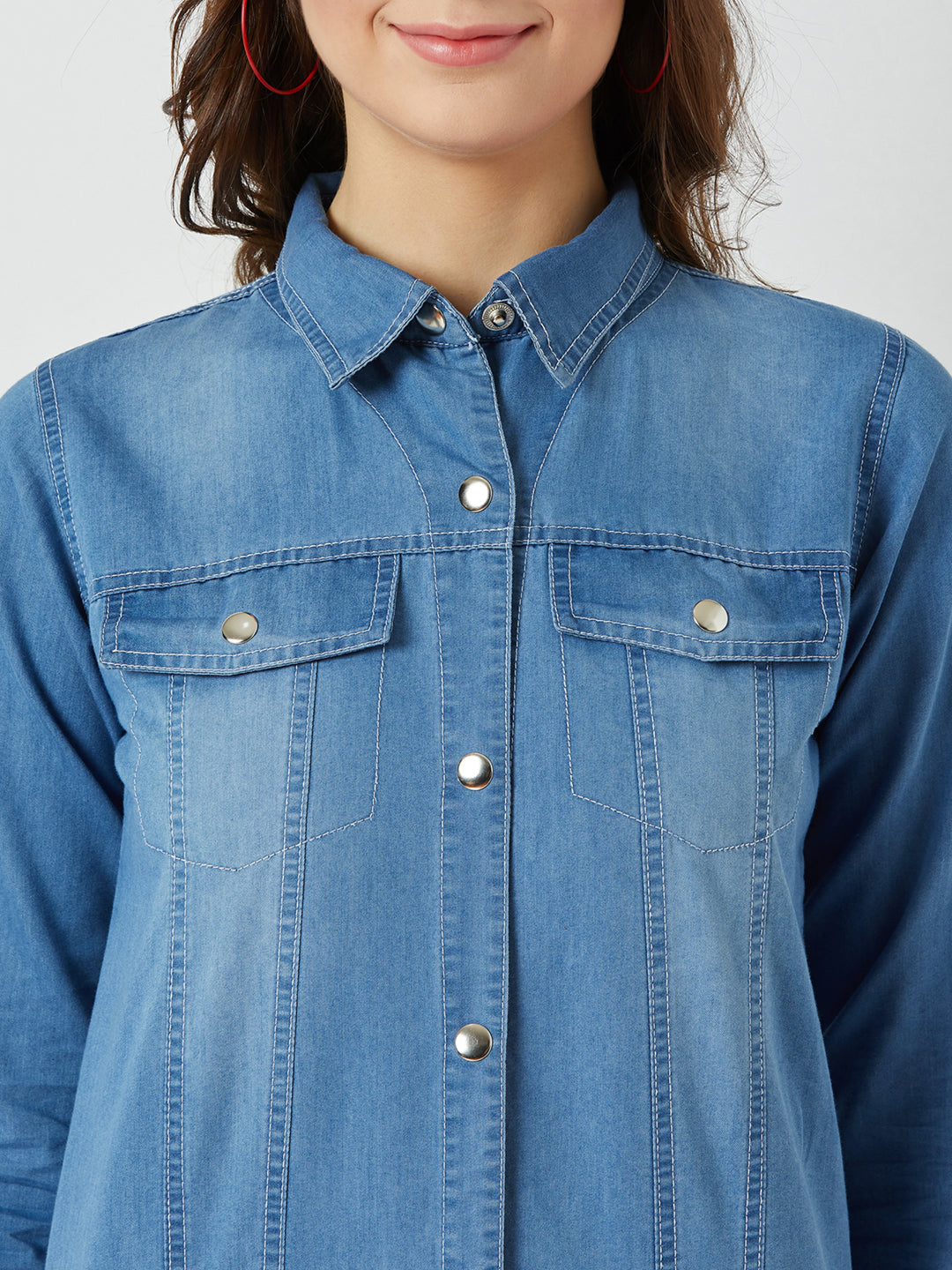 Women's Light Blue Polo Neck Full Sleeve Solid Bomber Regular Length Jacket