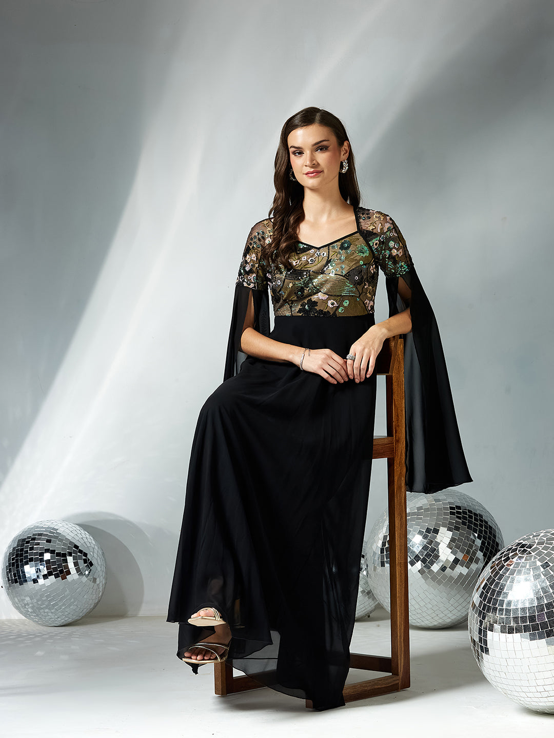 Women's Black Sweet-Heart Full Sleeve Embellished Slit Sleeve Maxi Georgette Dress