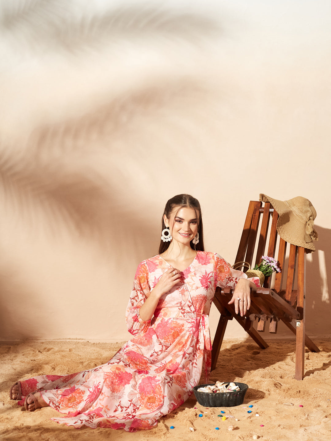 Women’s Multicolored Light Peach Floral V-Neck 3/4 Sleeve Wrap Midi Chiffon Dress for Women
