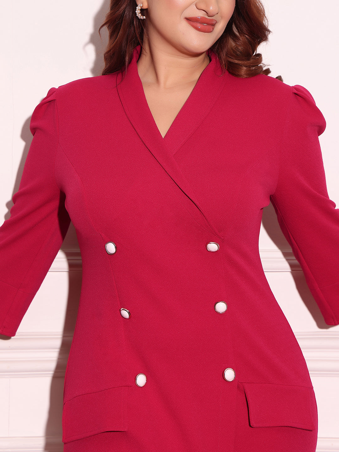 Women's Dark Pink V-neck Three-Quarters Sleeve Solid Double Breasted Blazer Knee-Long Dress