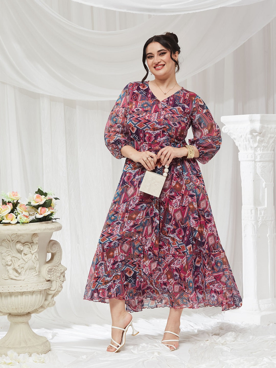 V-Neck Three-Quarter Sleeve Geometric Patterned Wrap Midi Chiffon Dress for Women — Miss Chase A+