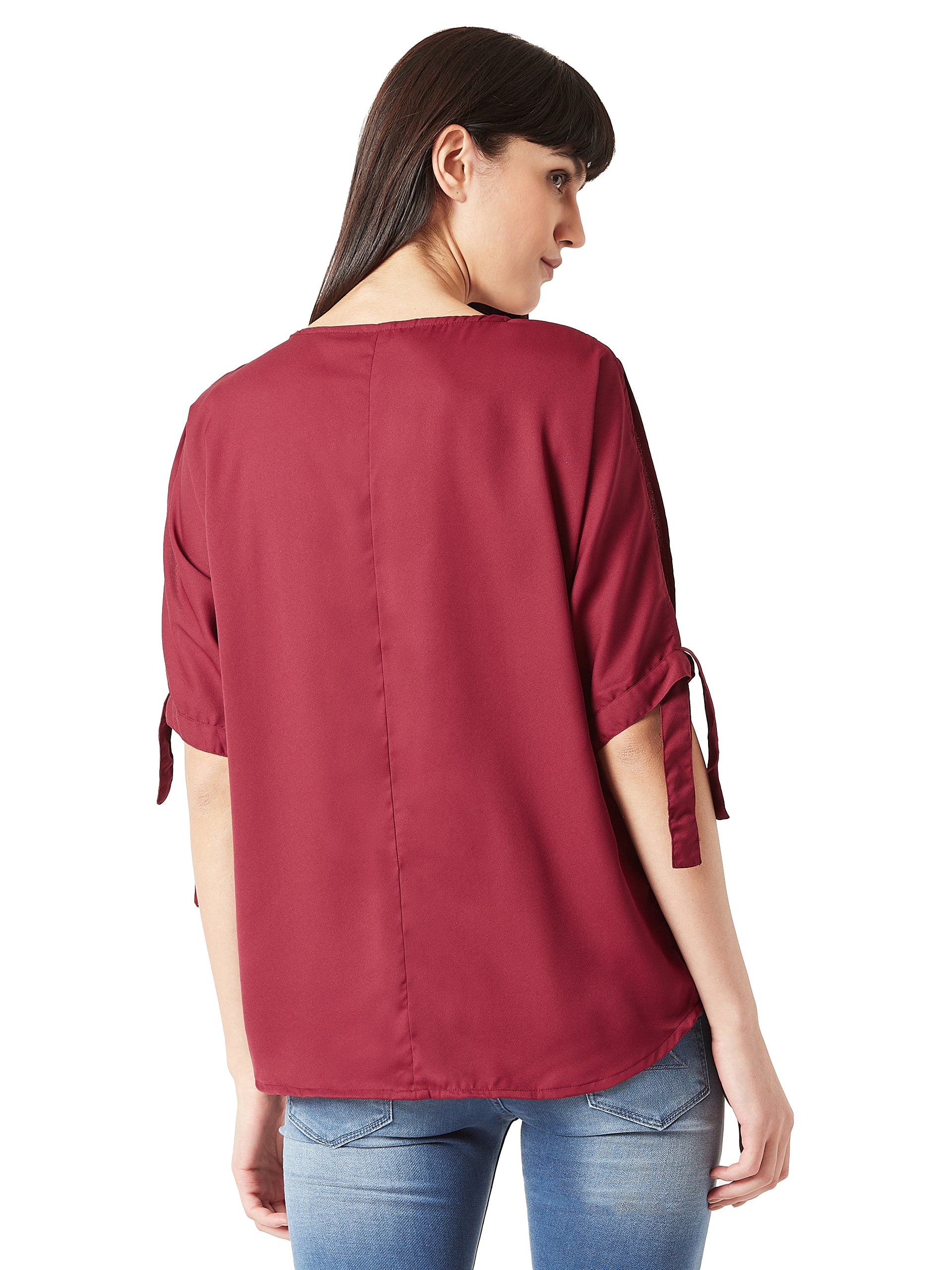 Women's Maroon Round Neck Half-Sleeve Pearl Tie-up Knot Top