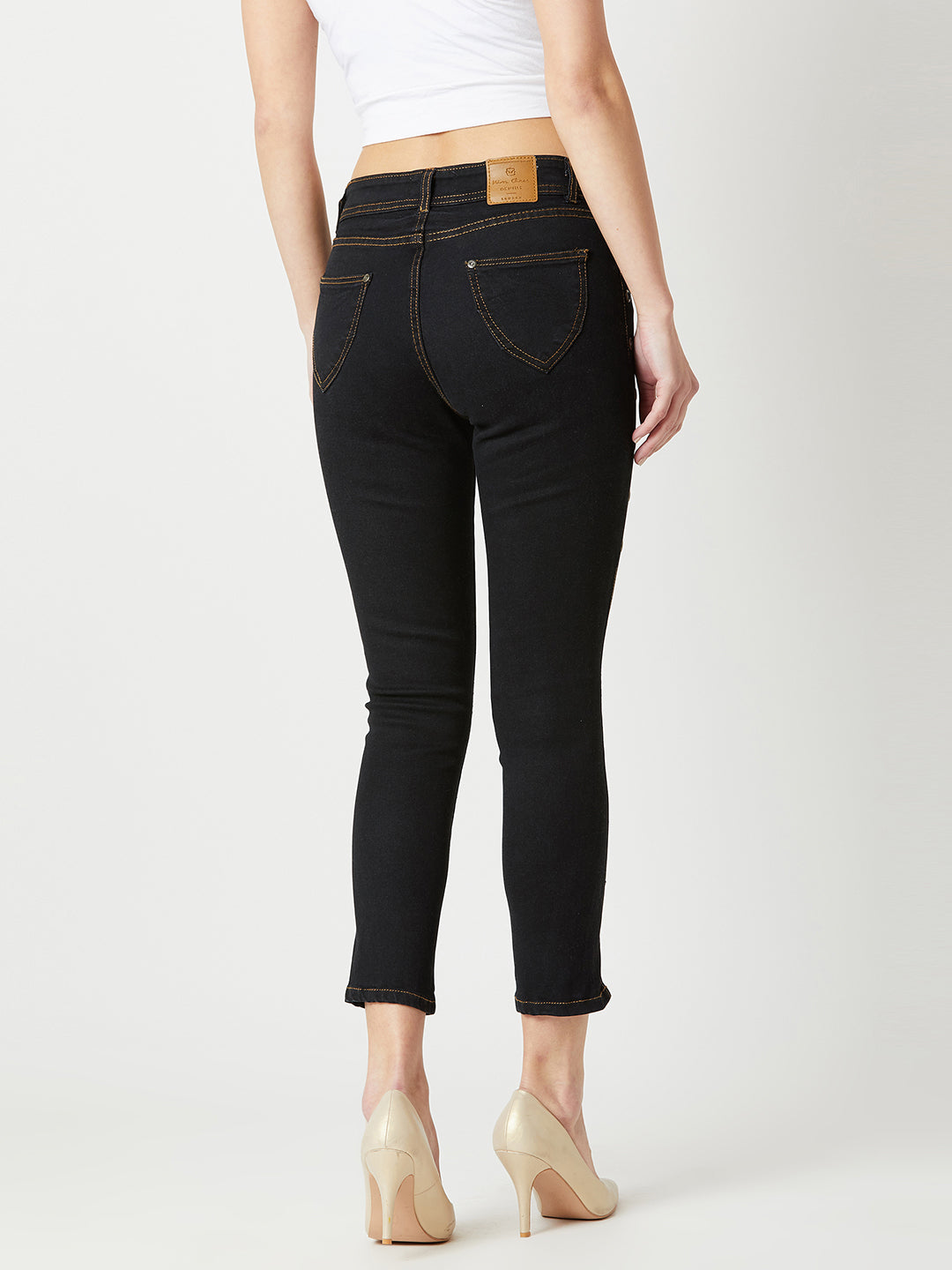 Women's Black Skinny High-Rise Side-Slit Solid Eyelet Embellished Cropped-Length Stretchable Denim Jeans