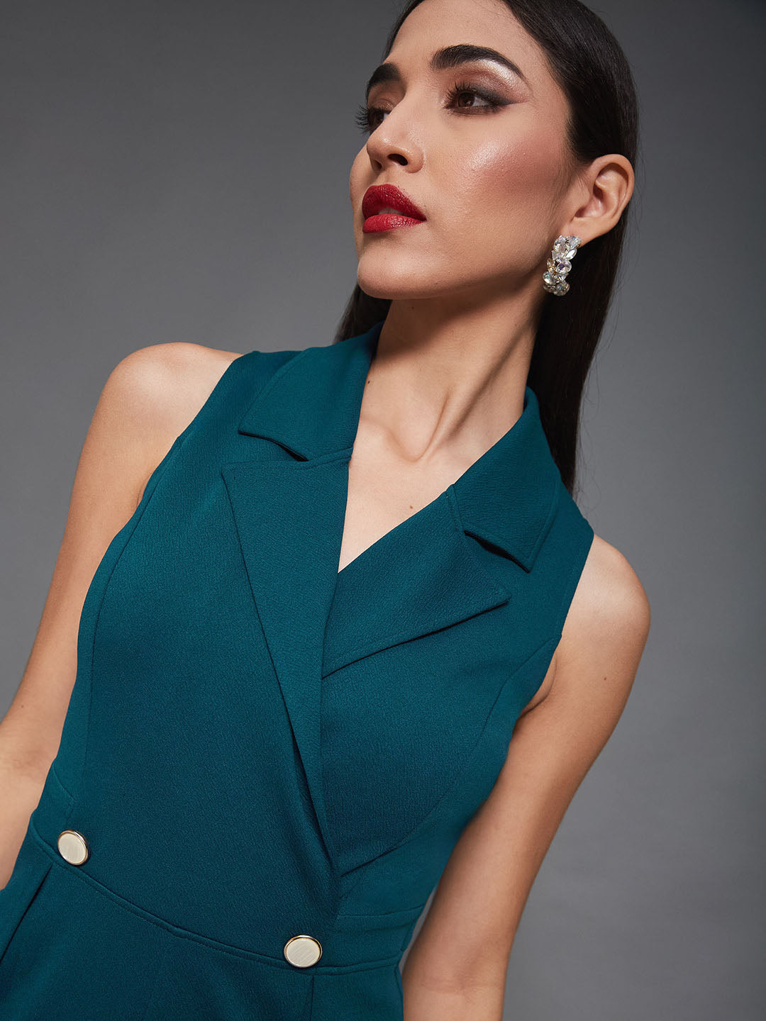 Women's Teal Notched Collar Sleeveless Solid Wrap Regular-Length Jumpsuit