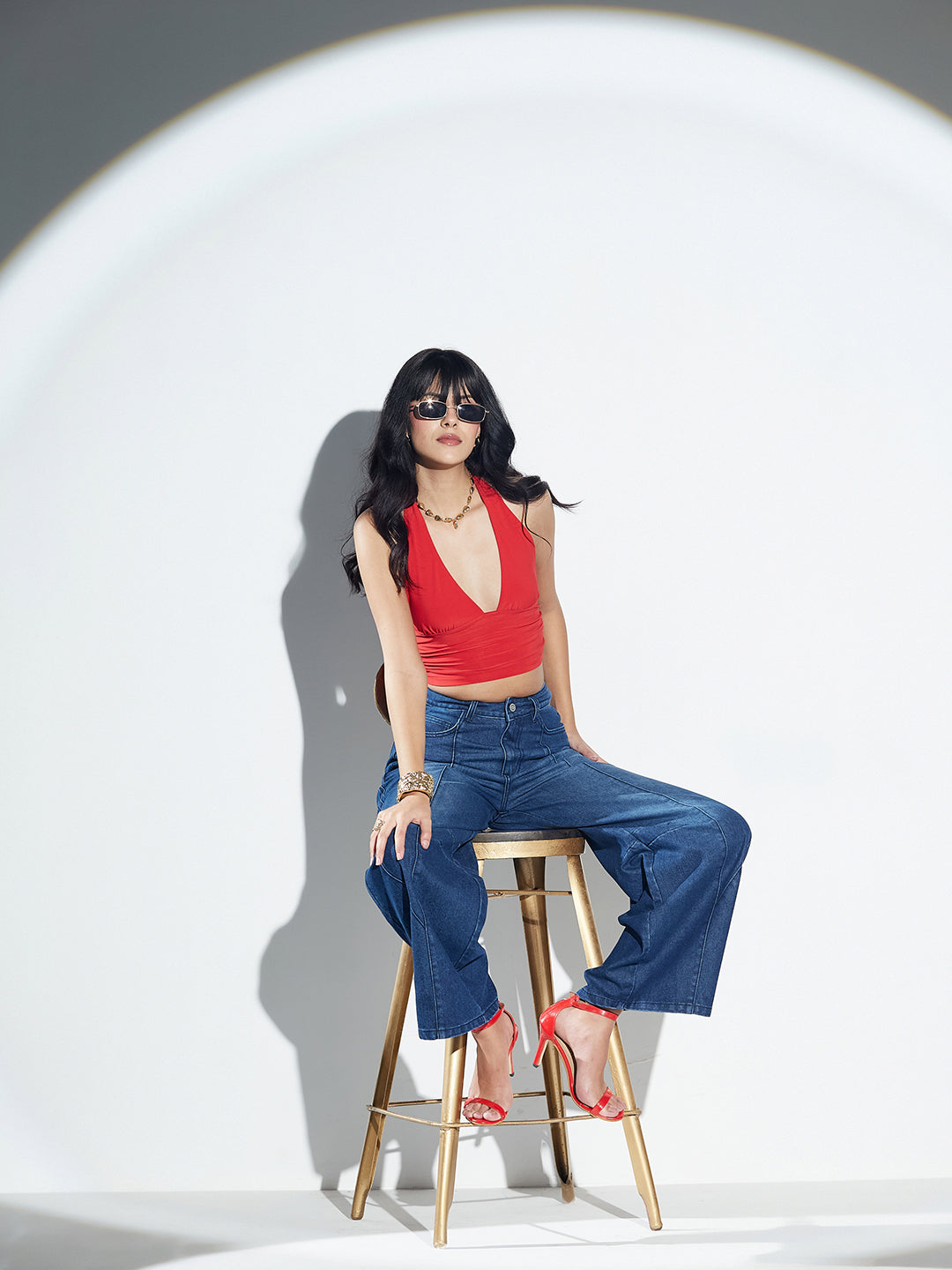 Dark Blue Barrel Fit High-Rise Denim Jeans for Women
