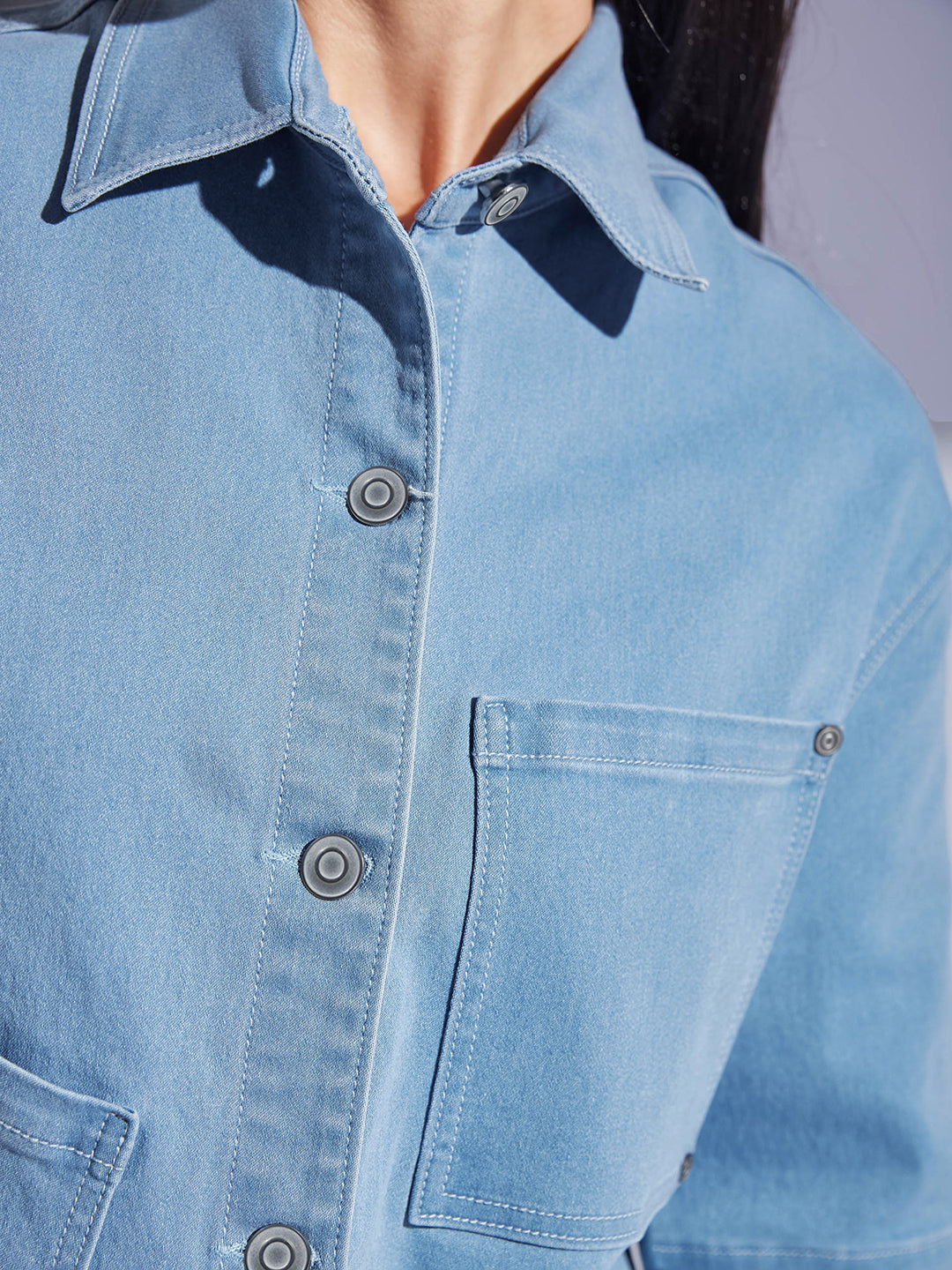 Light Blue Shirt Collar Half Sleeve Asymmetrical Panelled Regular-Length Denim Shirt For Women