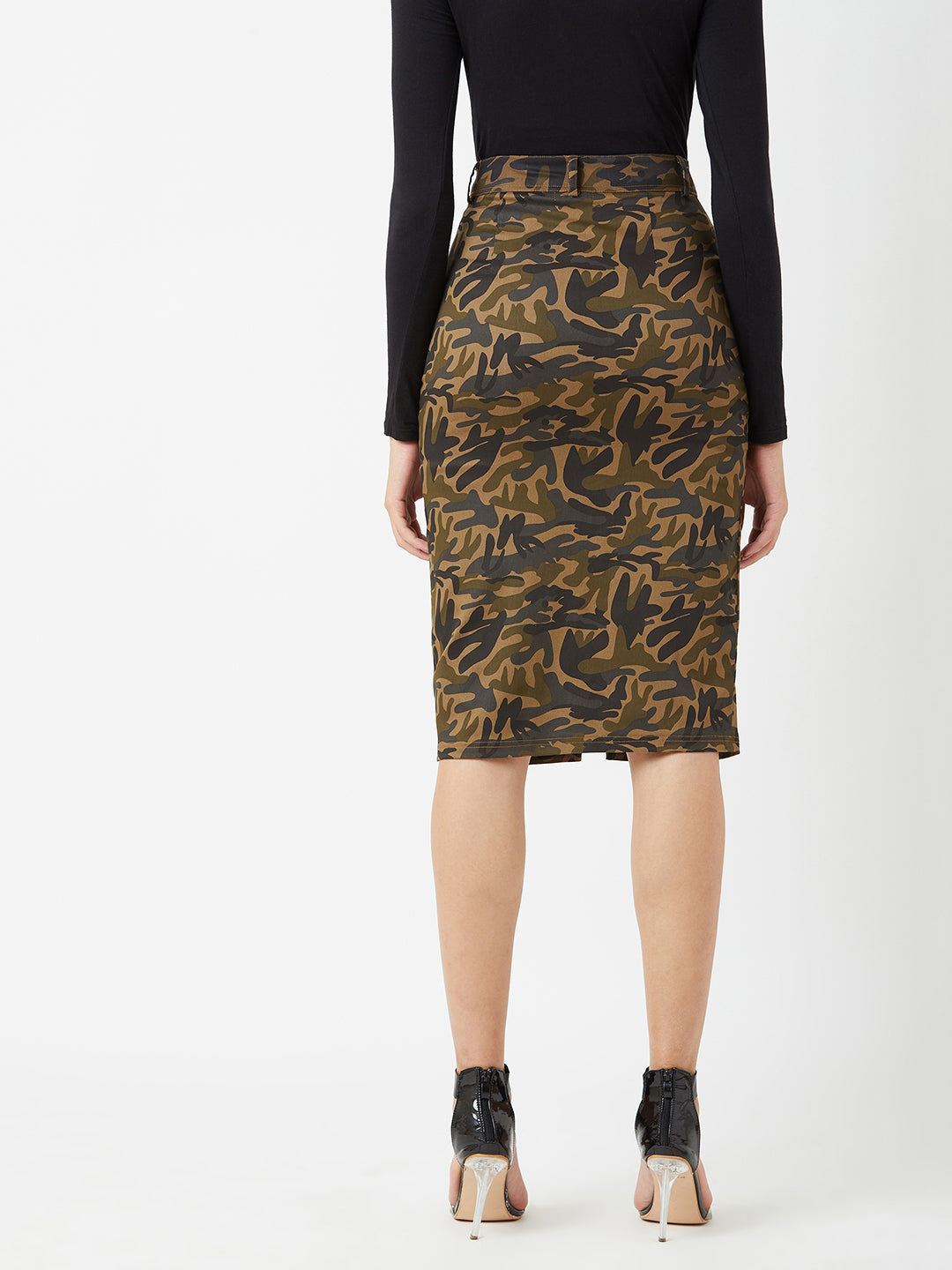 Women's Multicolor- Base Olive Green Cotton Printed Bodycon Midi Skirt