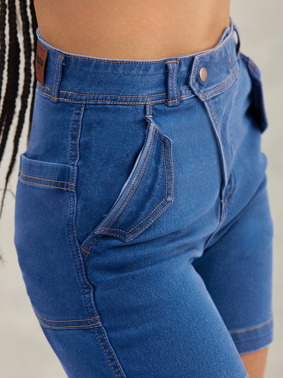 Relaxed-Fit Mid-Rise Stretchable Blue Denim Bermuda Shorts for Women — Dolce Crudo