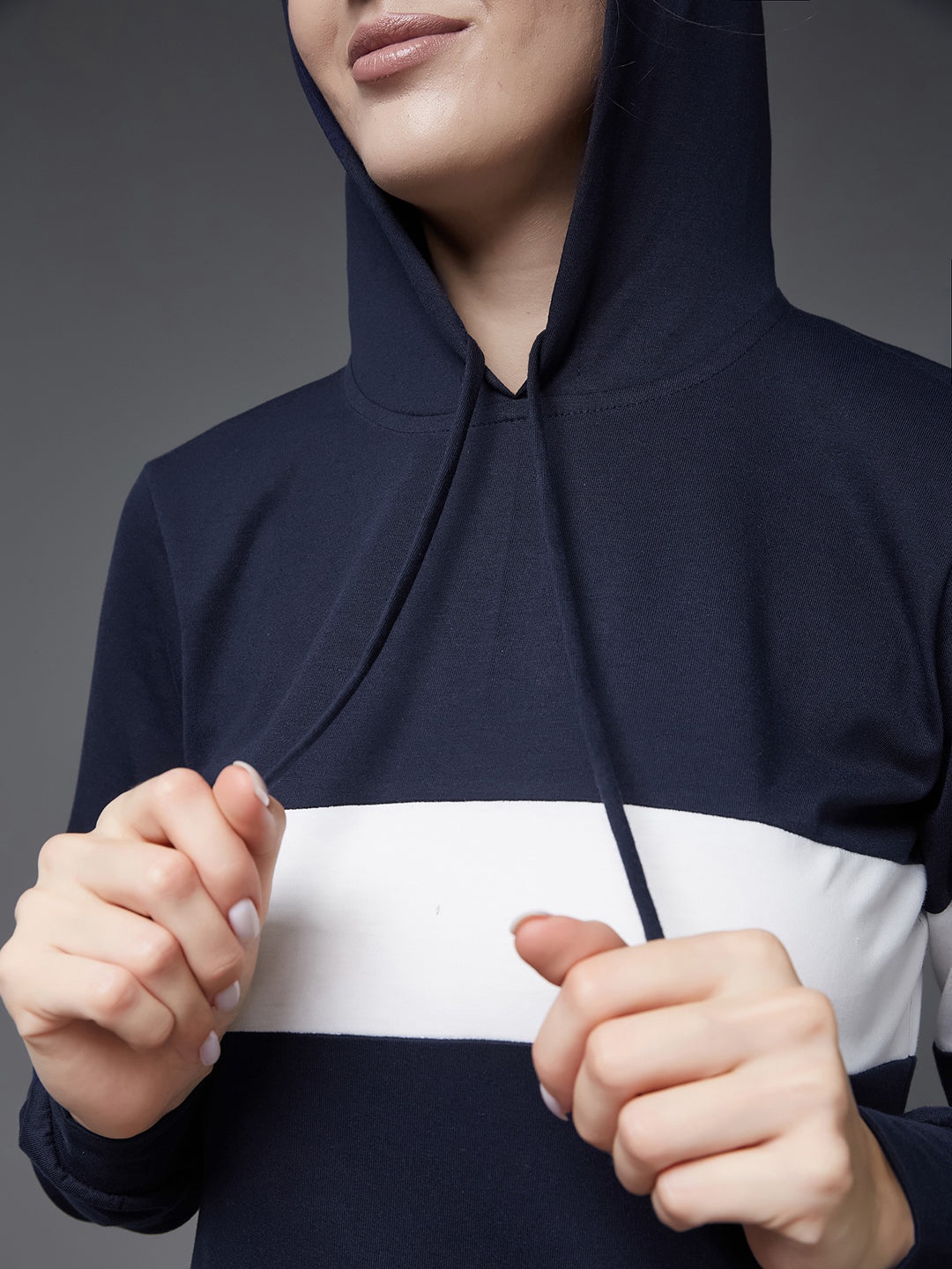 Women's Navy Blue and White Round Neck Full Sleeve Solid Knee-Long Hooded Dress