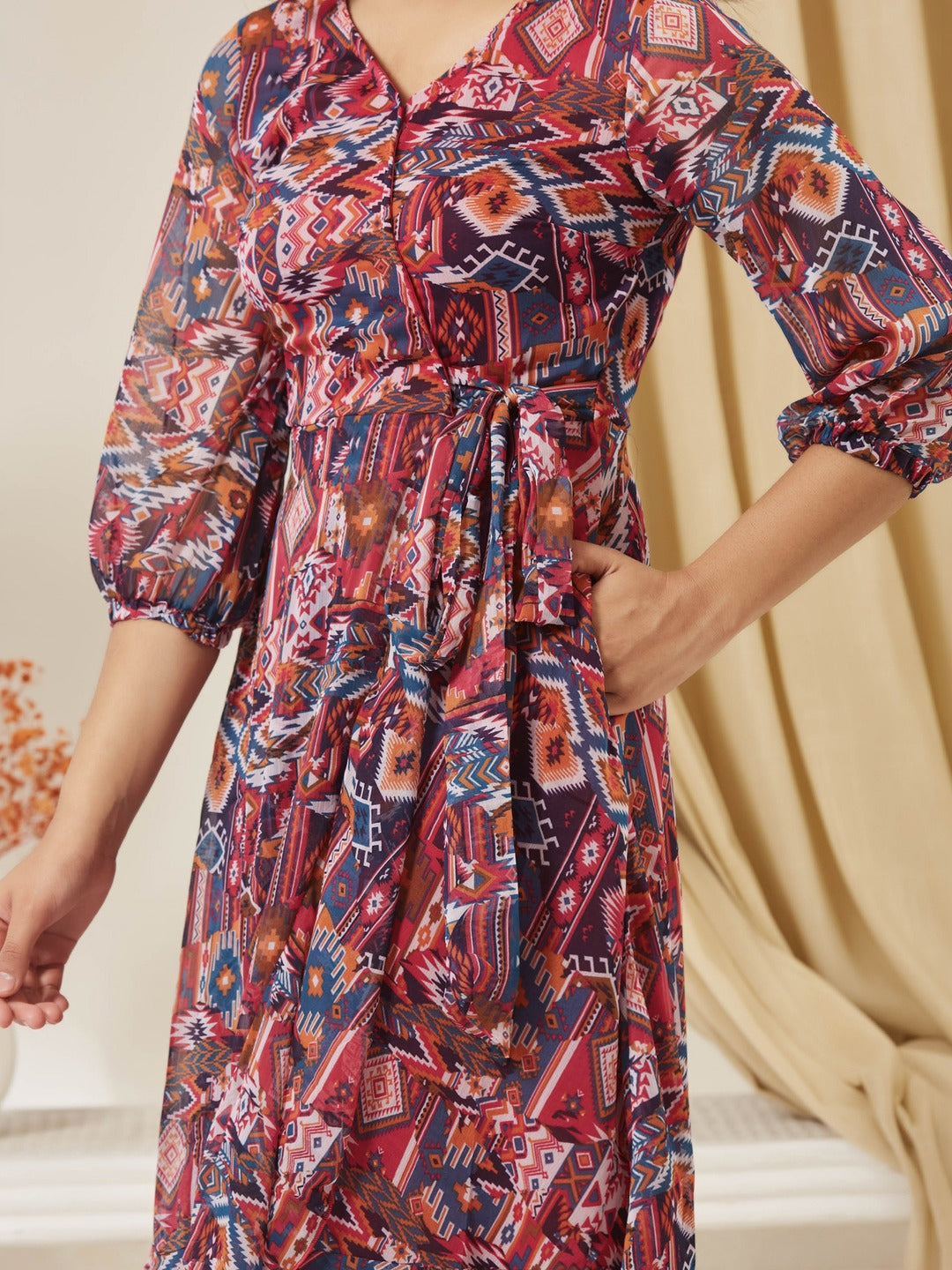 V-Neck Three-Quarter Sleeve Geometric Patterned Wrap Midi Chiffon Dress for Girls/Teenagers