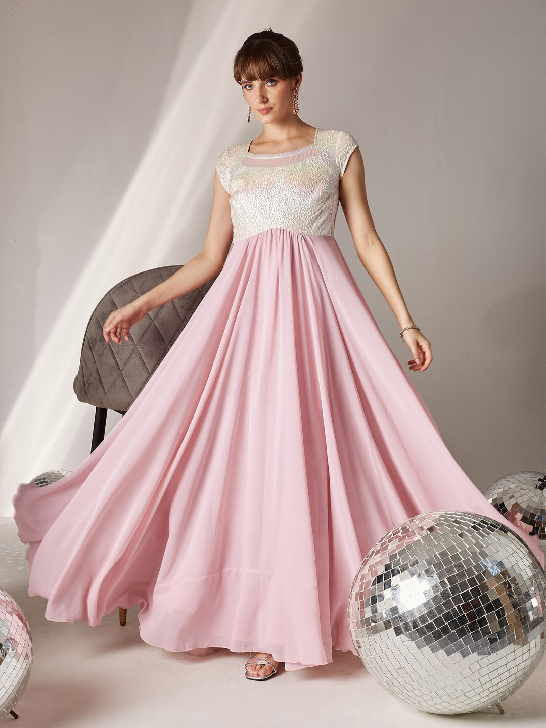 Dusty Pink Round Neck Raglan Sleeve Self-Designed Fit & Flare Georgette Maxi Dress for Women