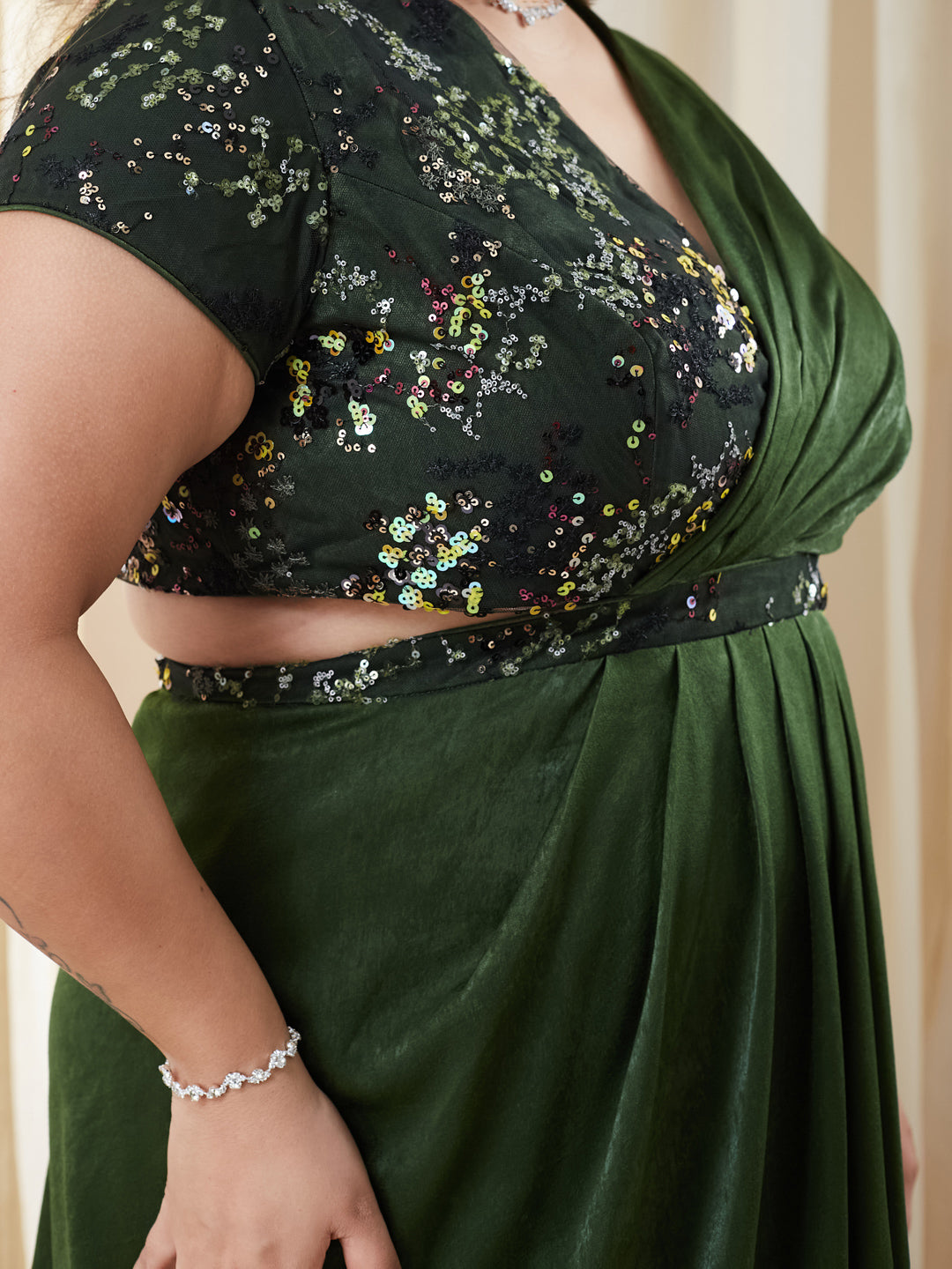 Olive V-Neck Short-Sleeve Embellished Draped Maxi Velvet Dress for Women
