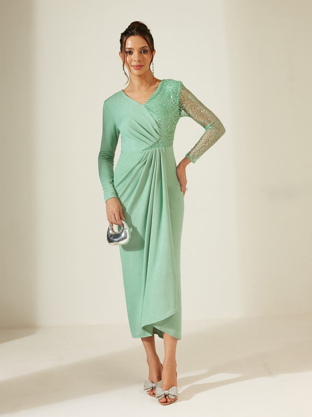 Mint Embellished V-Neck Full Sleeve Polyester Pleated Slim Fit Longline Dress for Women