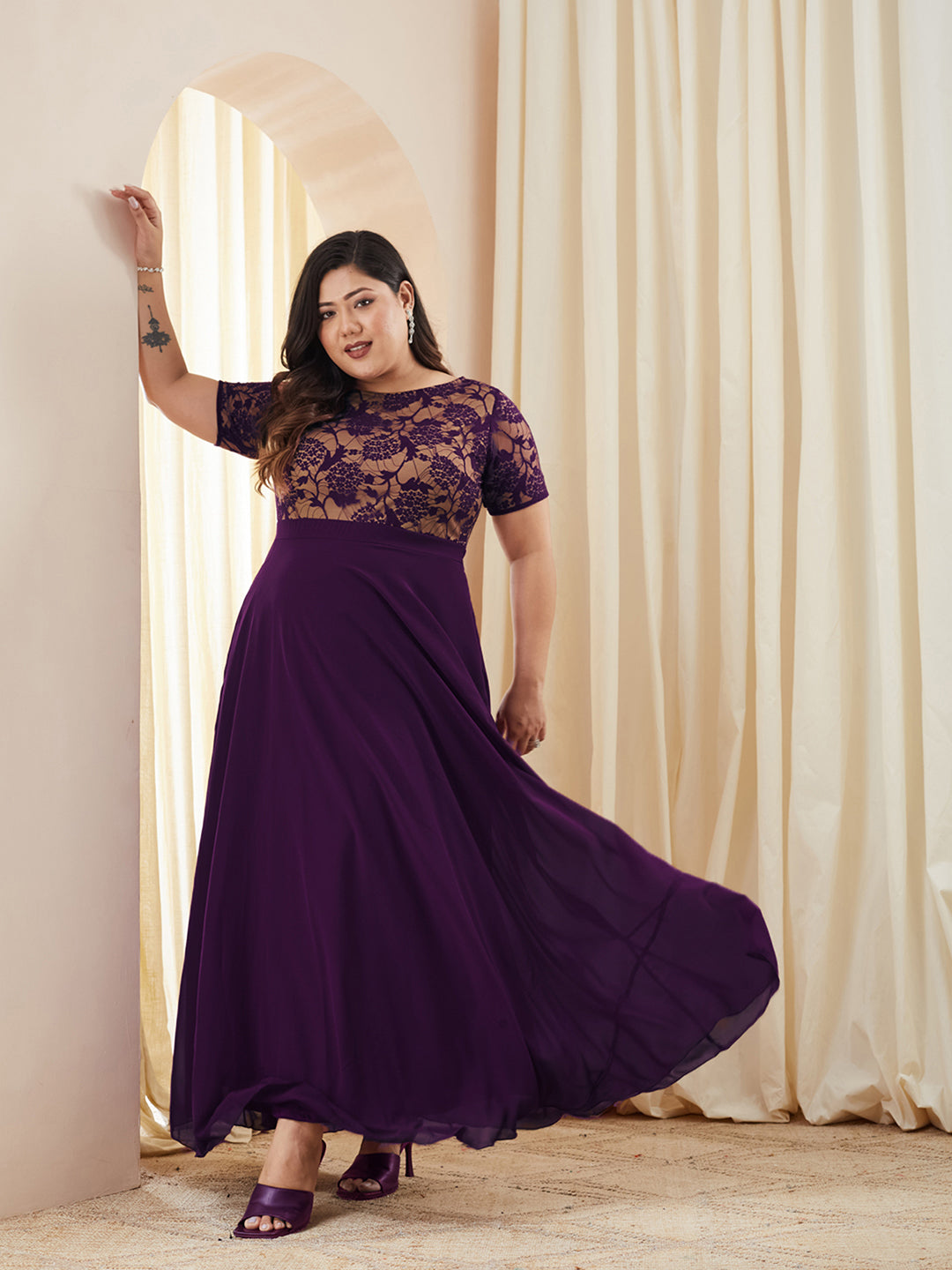 Dark Purple Round Neck Half Sleeve Self Design Fit & Flare Georgette Maxi Dress for Women — Miss Chase A+