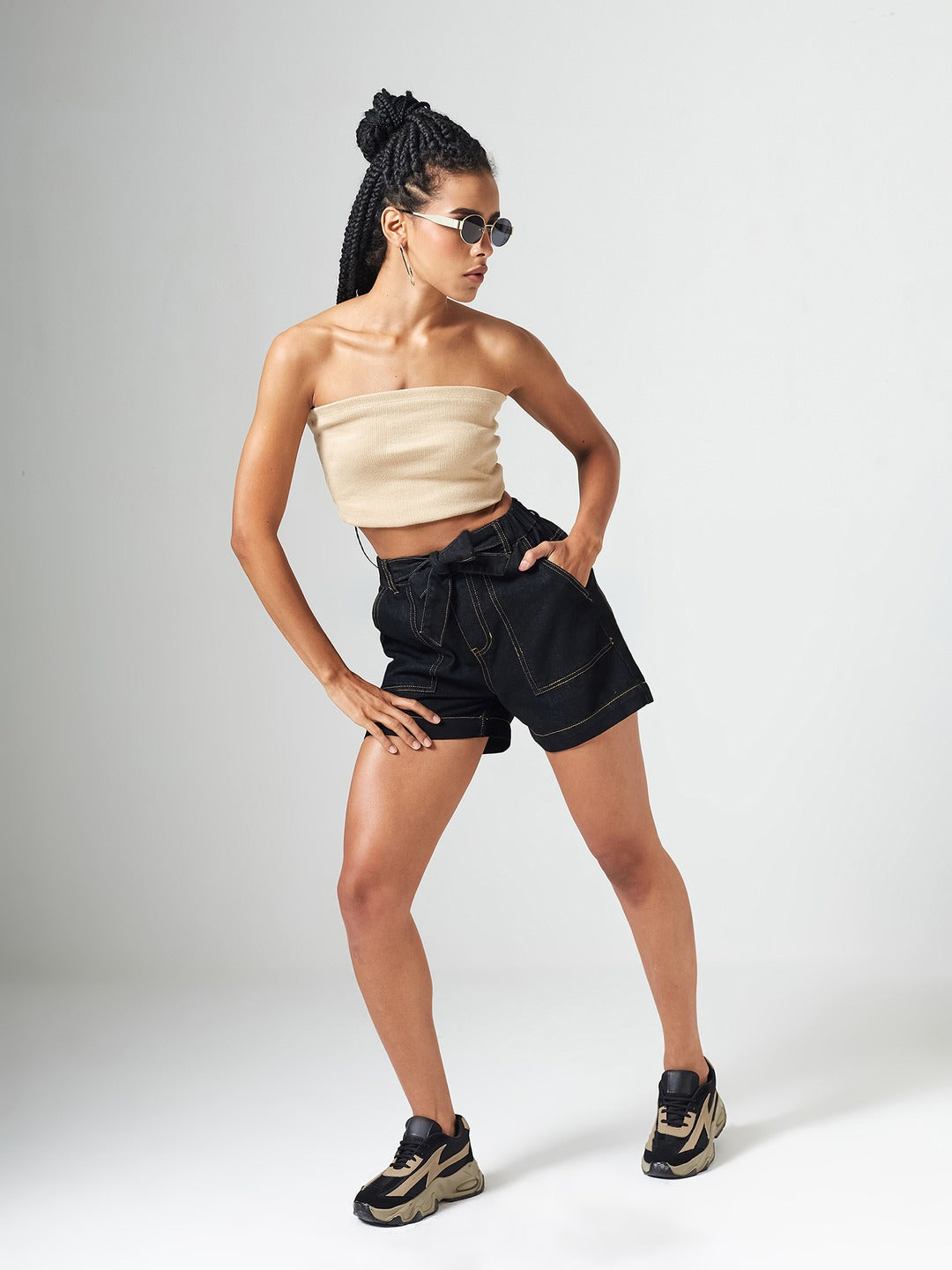 Black High-Rise Relaxed Fit Denim Shorts with Tie-Up Belt & Patch Pockets for Women