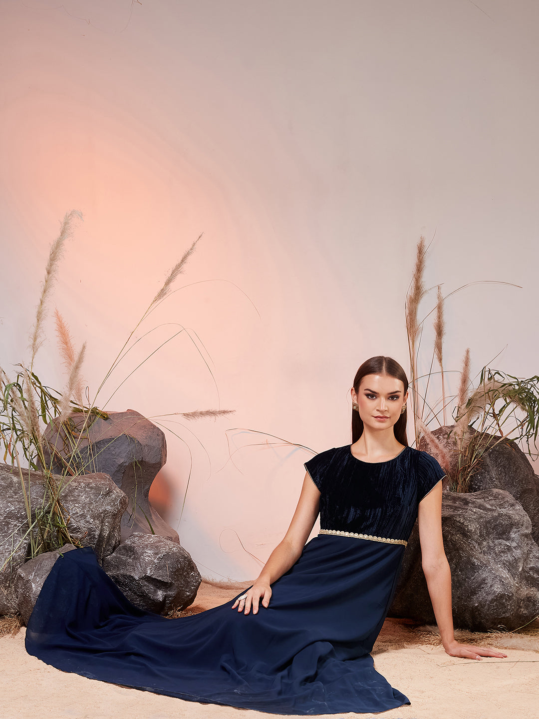 Women’s Navy-Blue Round Neck Short Sleeve Solid Fit & Flare Maxi Georgette Dress for Women
