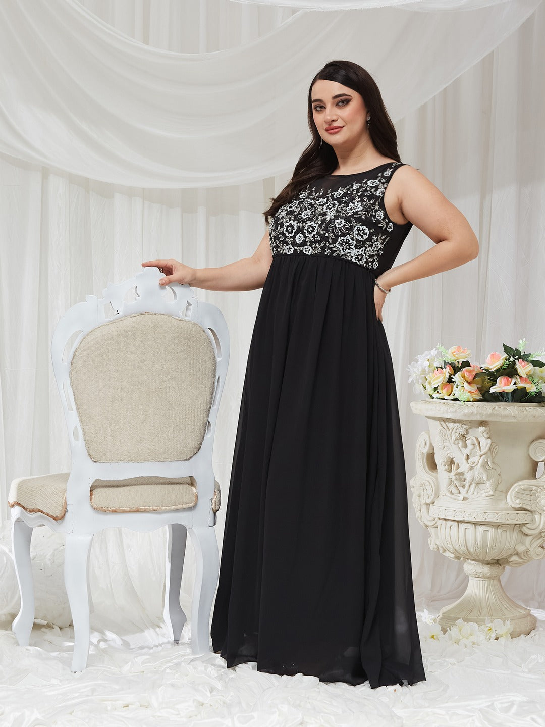 Black Boat Neck Sleeveless Solid Embellished Maxi Dress for Women — Miss Chase A+