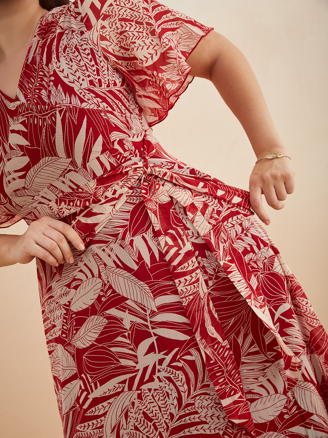 Multicolored-Base-Maroon V Neck Flared Sleeve Floral Wrap Maxi Dress for Women — Miss Chase A+