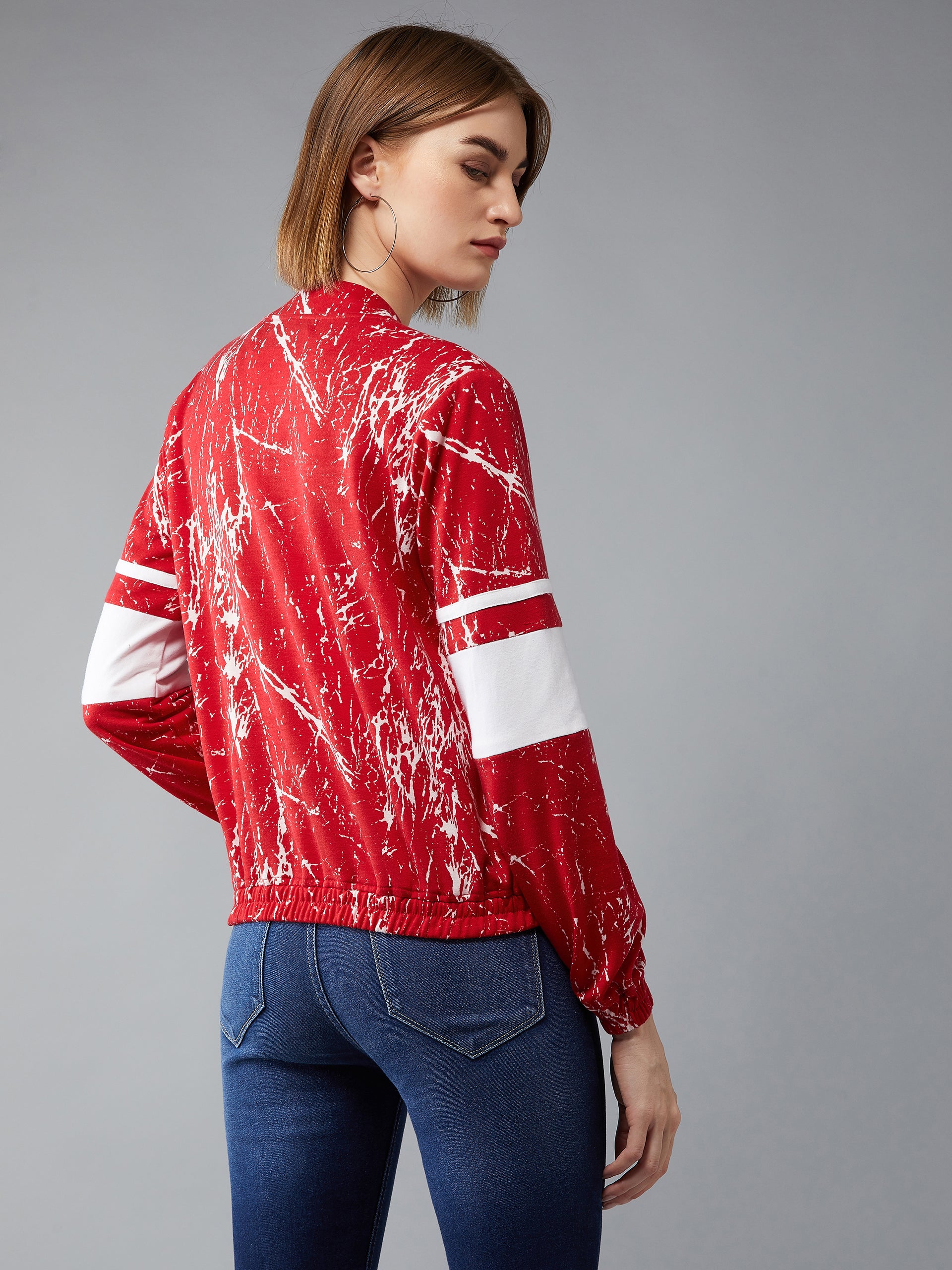 Women's Multicolored-Base-Red Round Neck Full Sleeves Printed Bomber/Paneled Regular Length Jacket